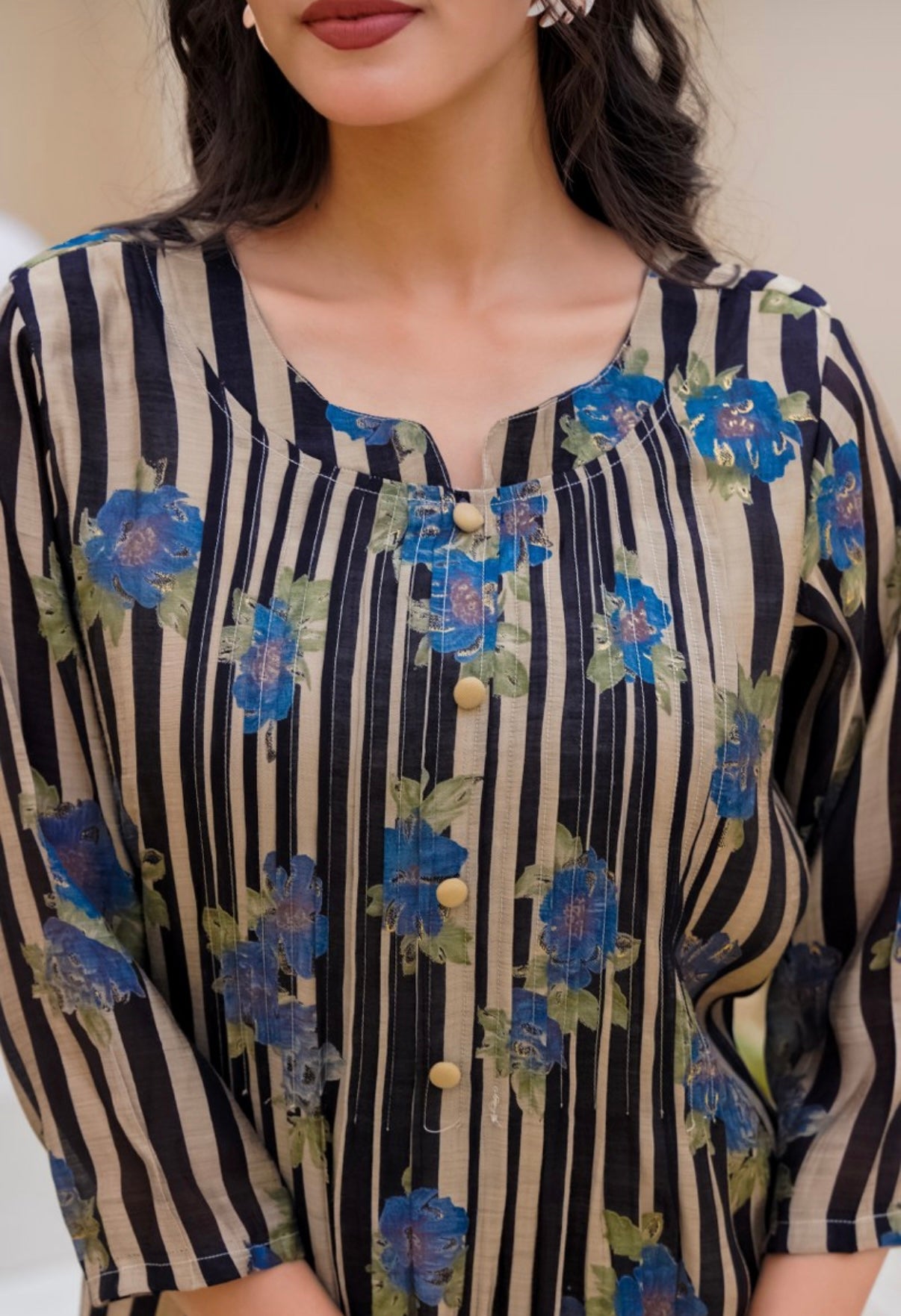 Midnight Stripe Bloom Cotton Kurta Set