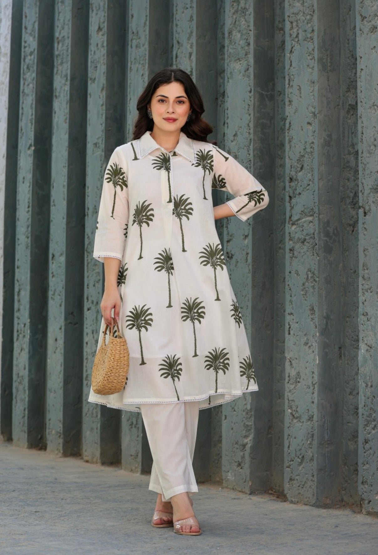 WOMEN’S GREEN FLORAL PRINTED COTTON A-LINE KURTA SET