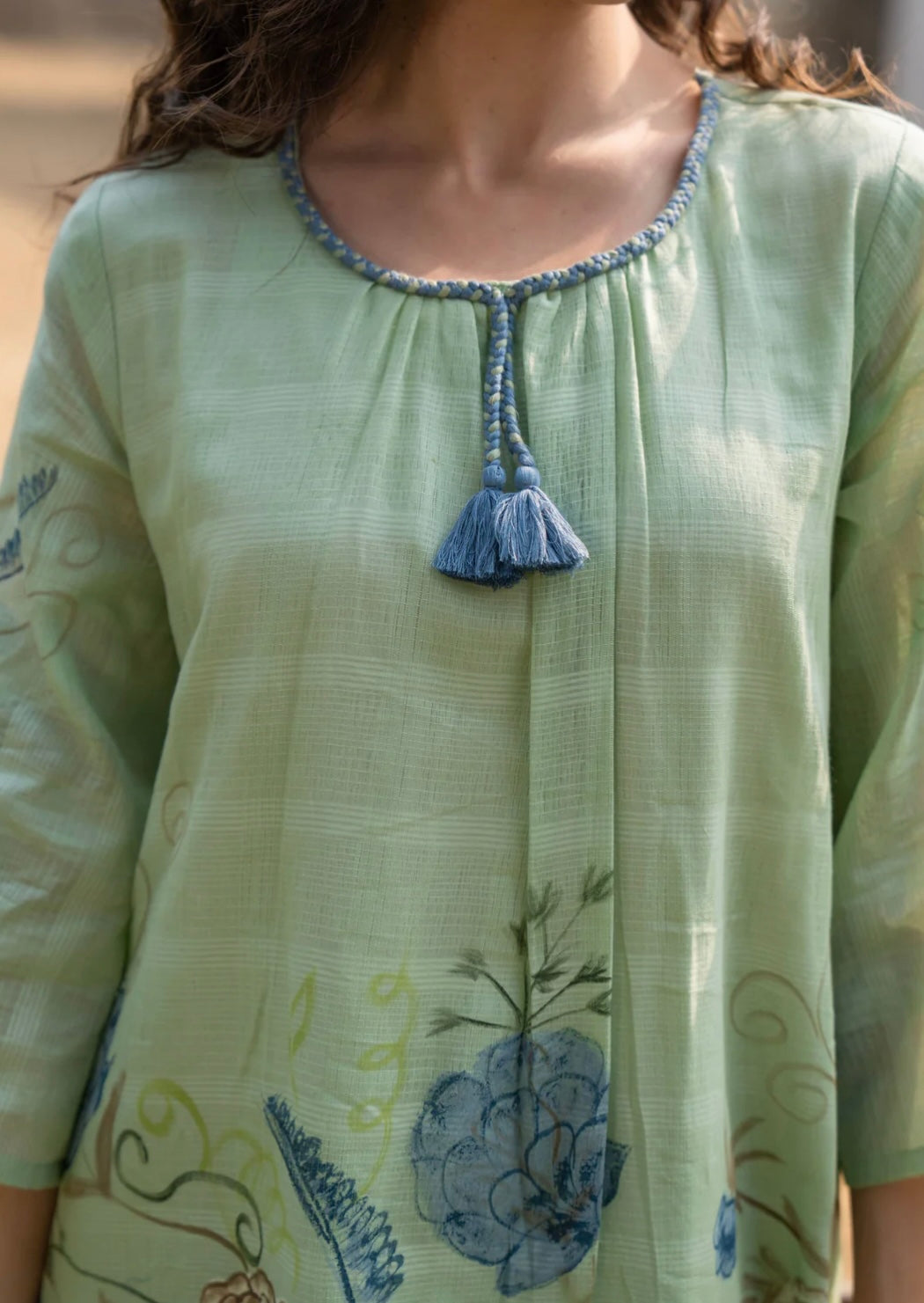 BLUSH GREEN MAL COTTON HAND-PAINTED FLORAL KURTA SET