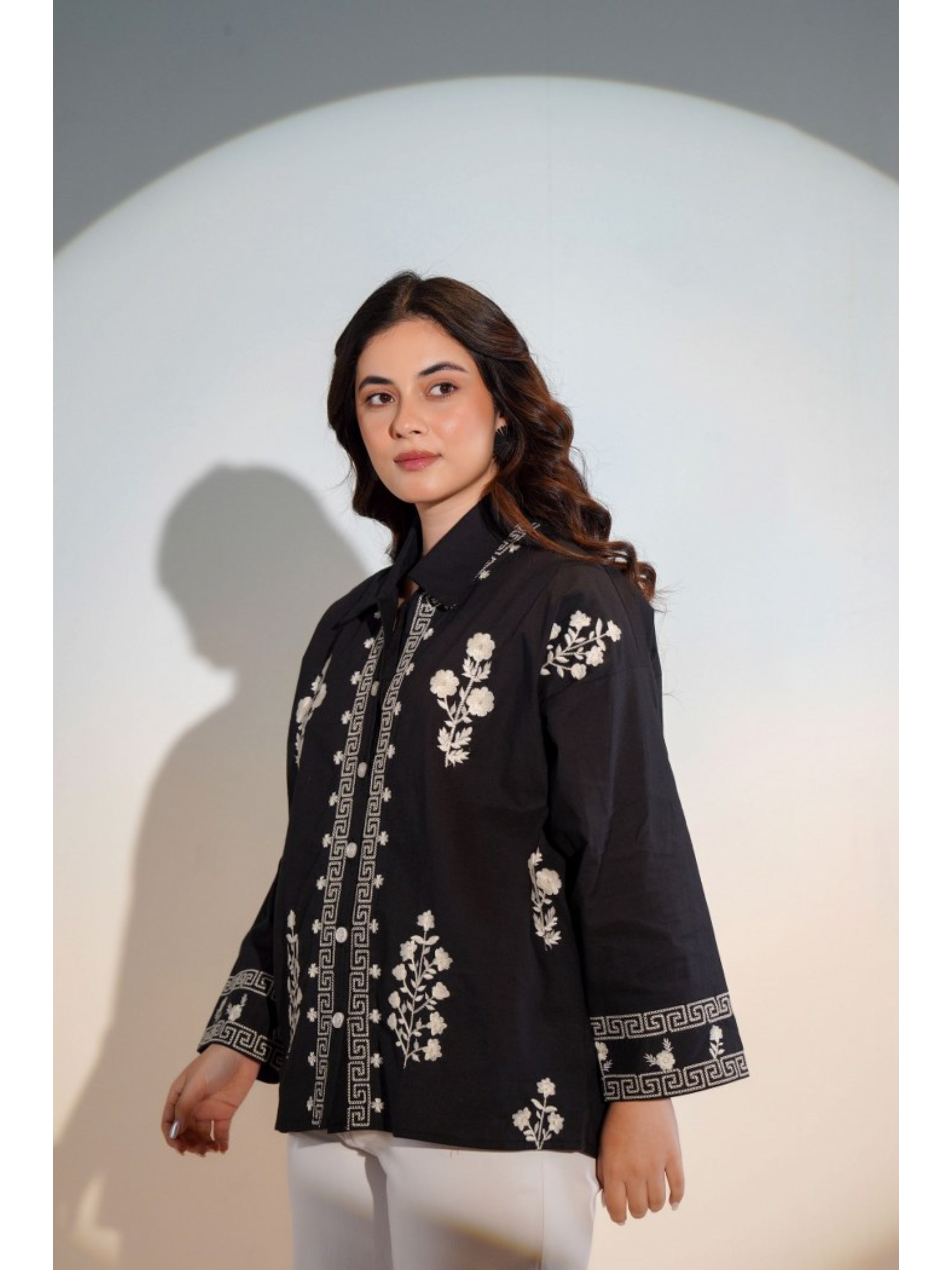 ELEGANT ABSTRACT EMBROIDERED COTTON BLACK SHIRT