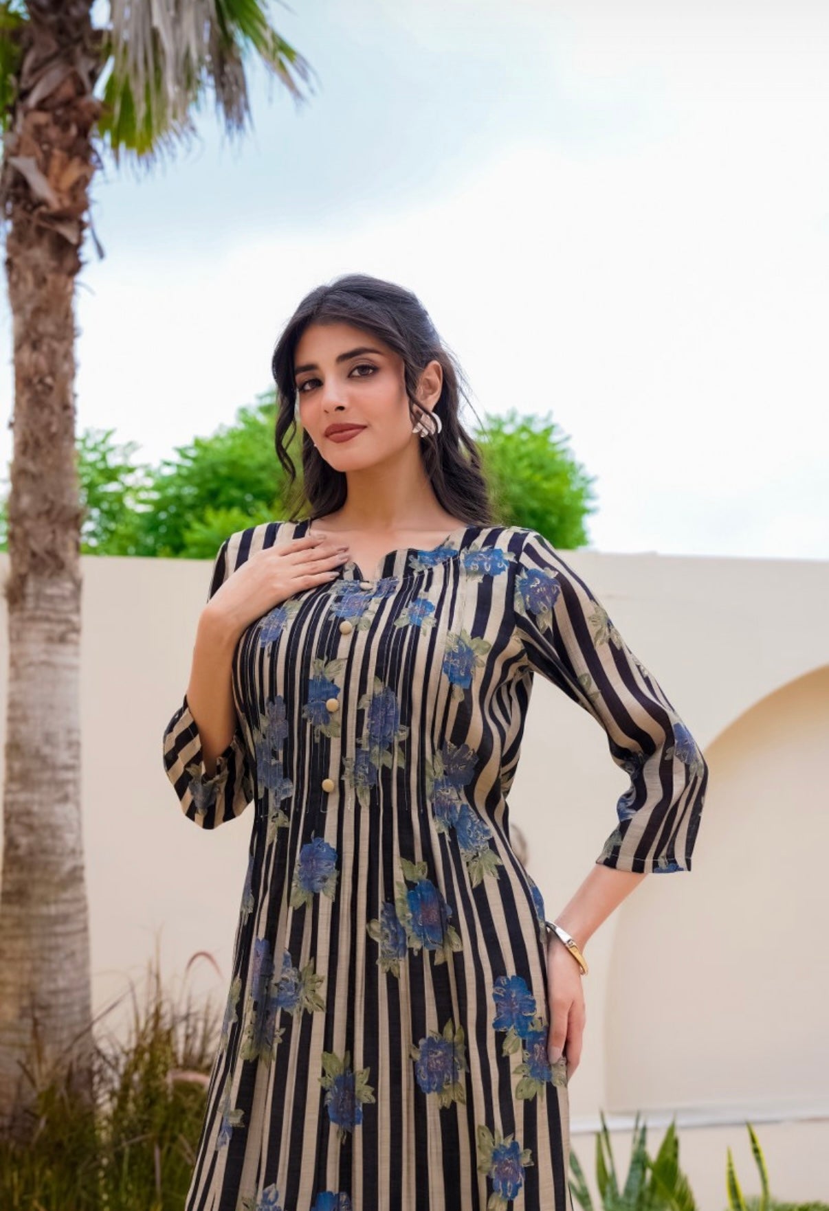 Midnight Stripe Bloom Cotton Kurta Set