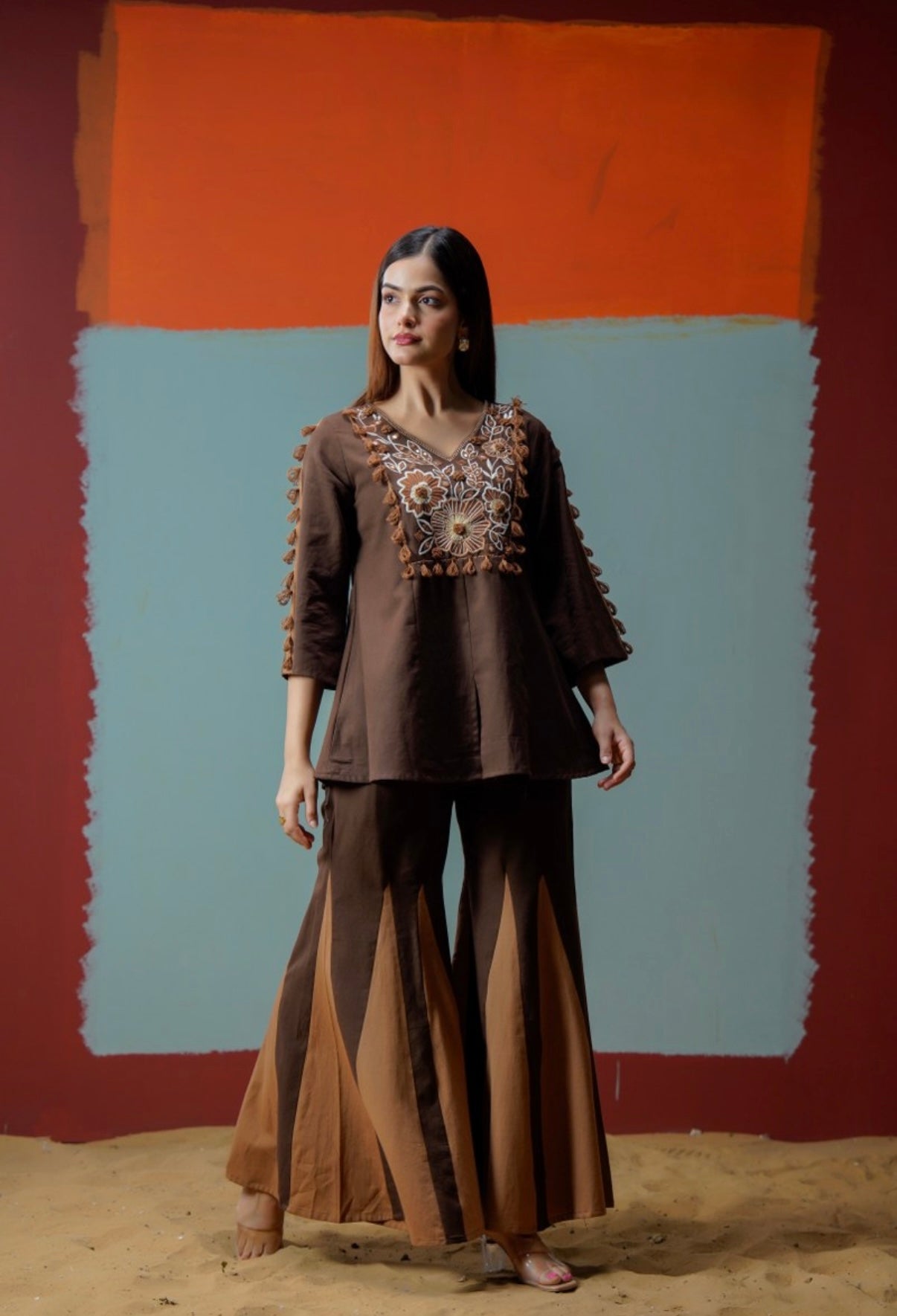 BROWN GRACE EMBROIDERED COTTON CO-ORD SET