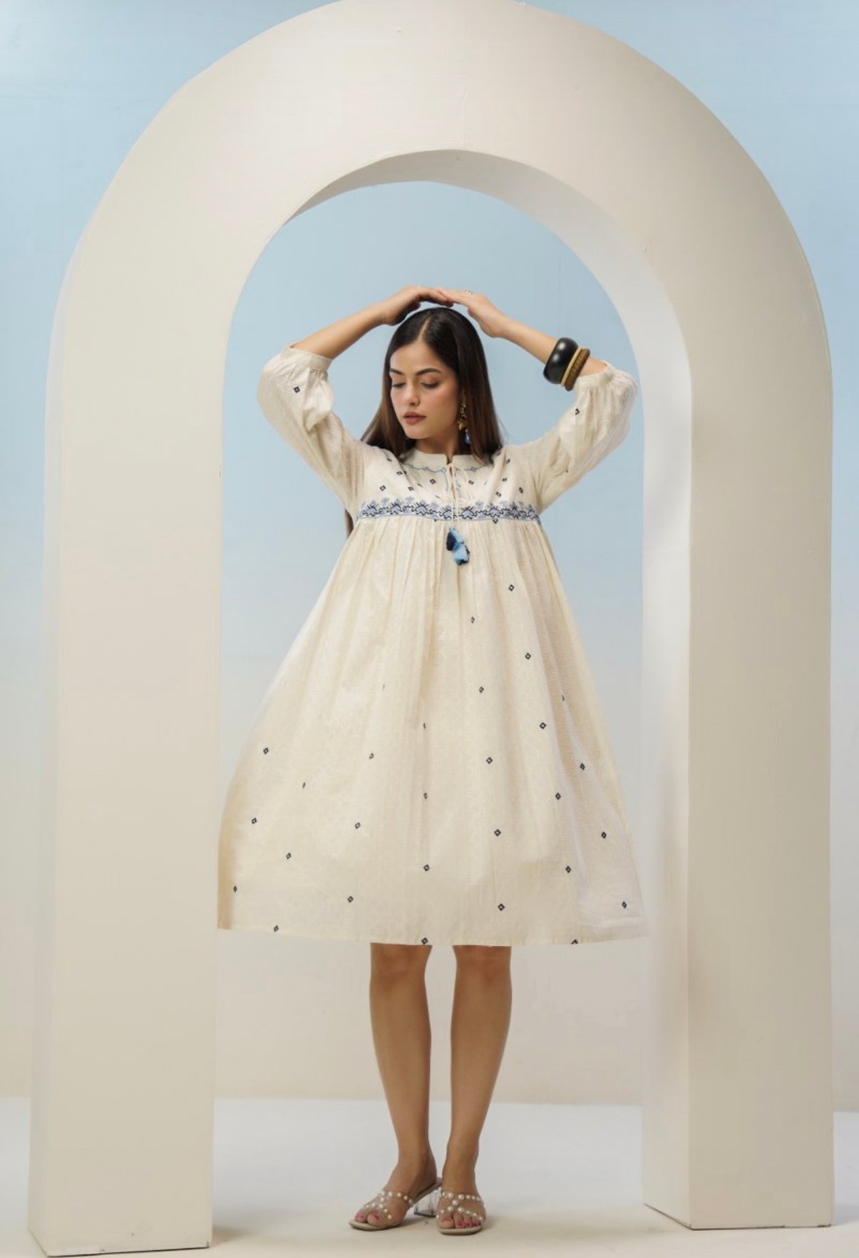 Saanjh Ivory Embroidered Cotton Dress