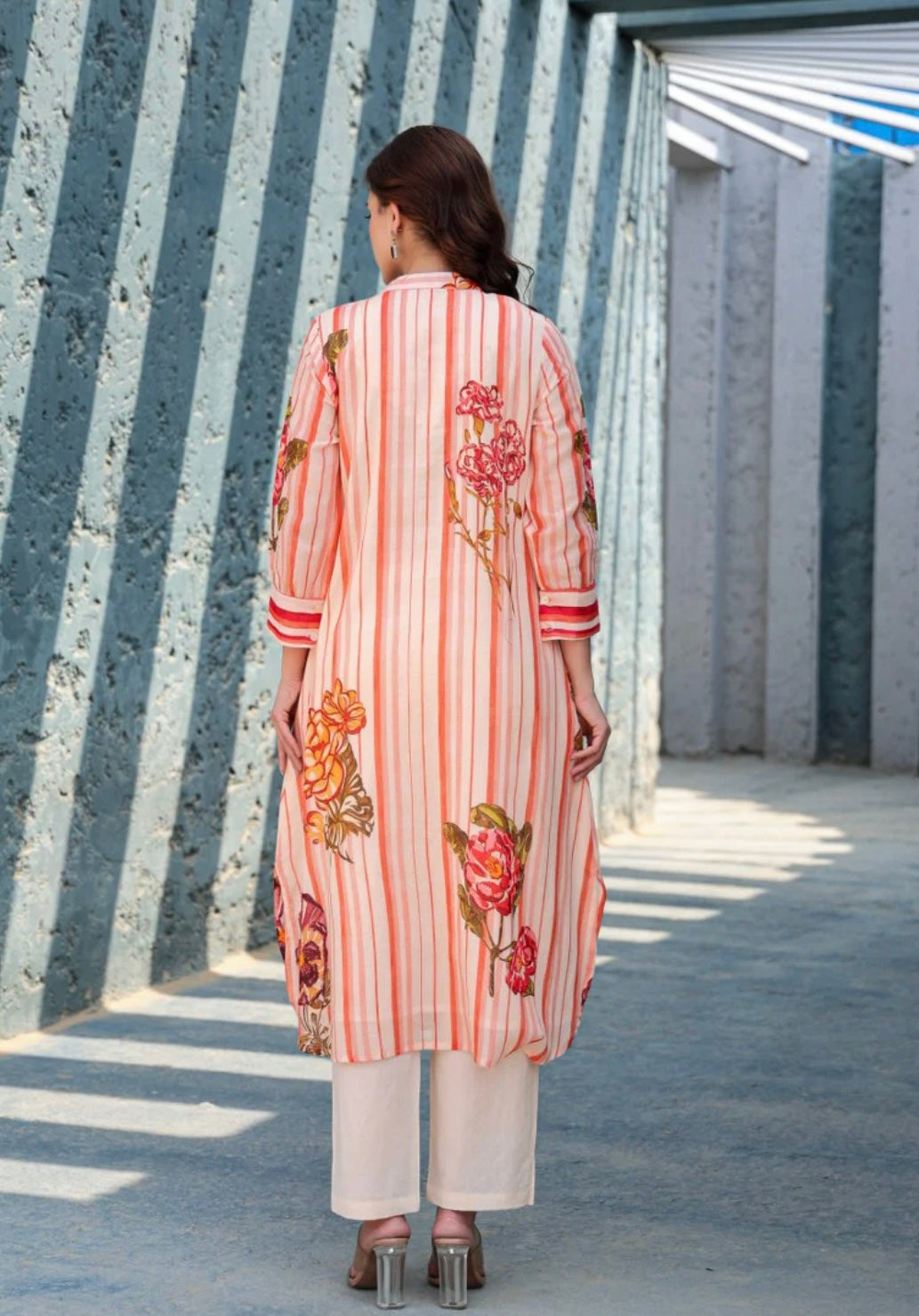 Peach Mal Cotton Floral Stripes Printed Kurta Set
