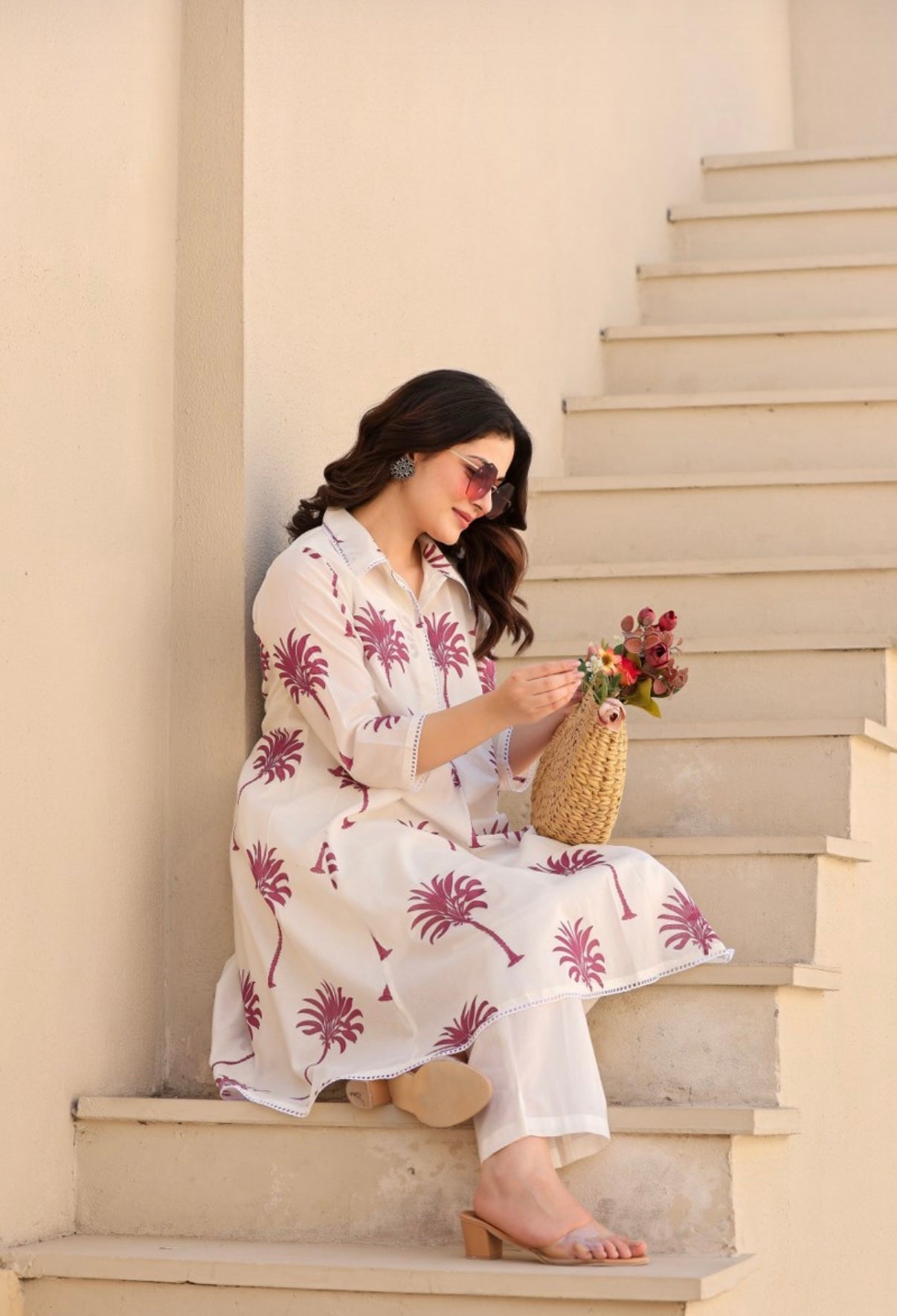 WOMEN’S PINK FLORAL PRINTED COTTON A-LINE KURTA SET