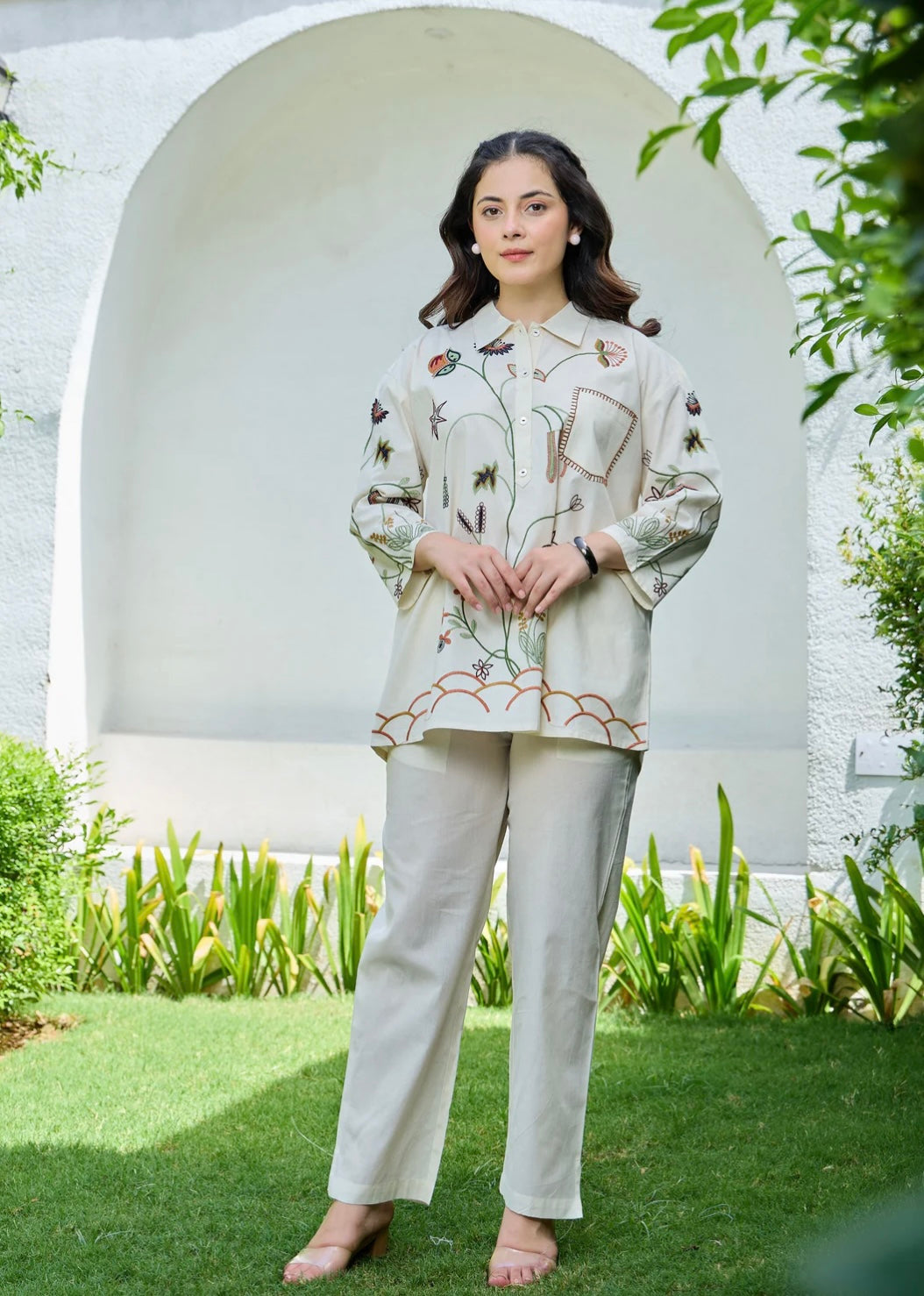 IVORY COTTON POPLIN EMBROIDERED SHIRT WITH STRAIGHT PANTS ELEGANT SUMMER CO-ORD SET