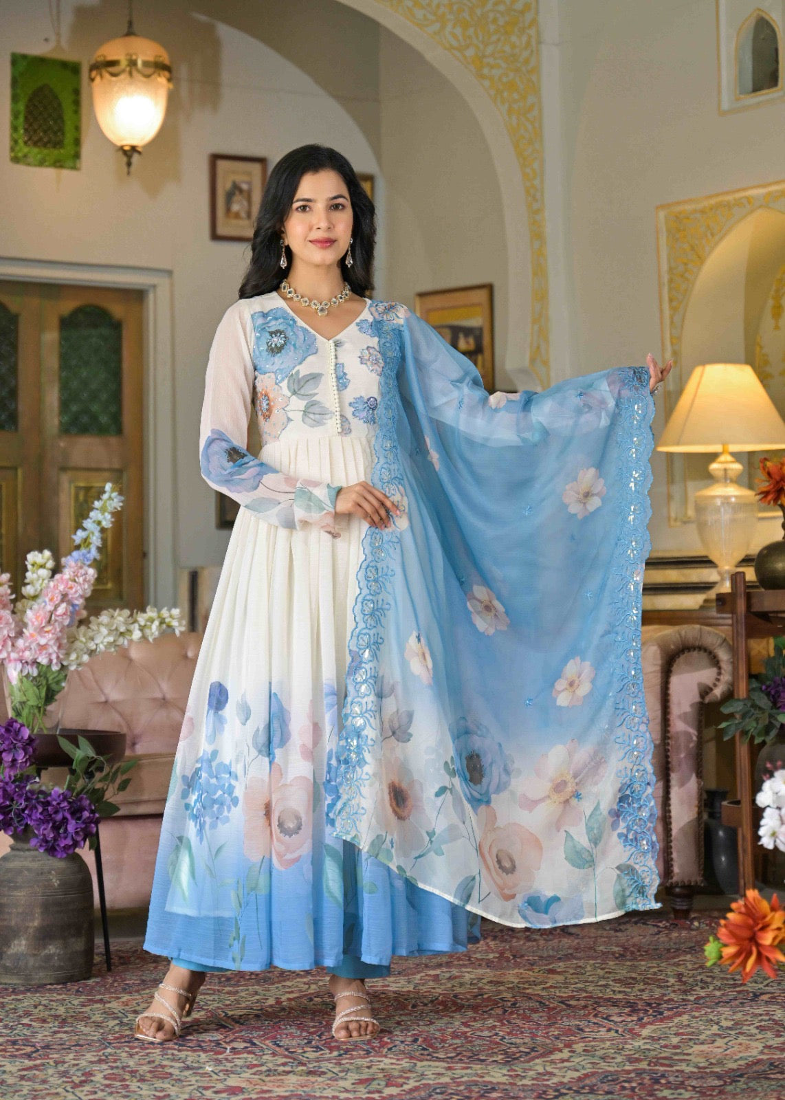 Blooming Breeze Embroidered Anarkali Suit Set