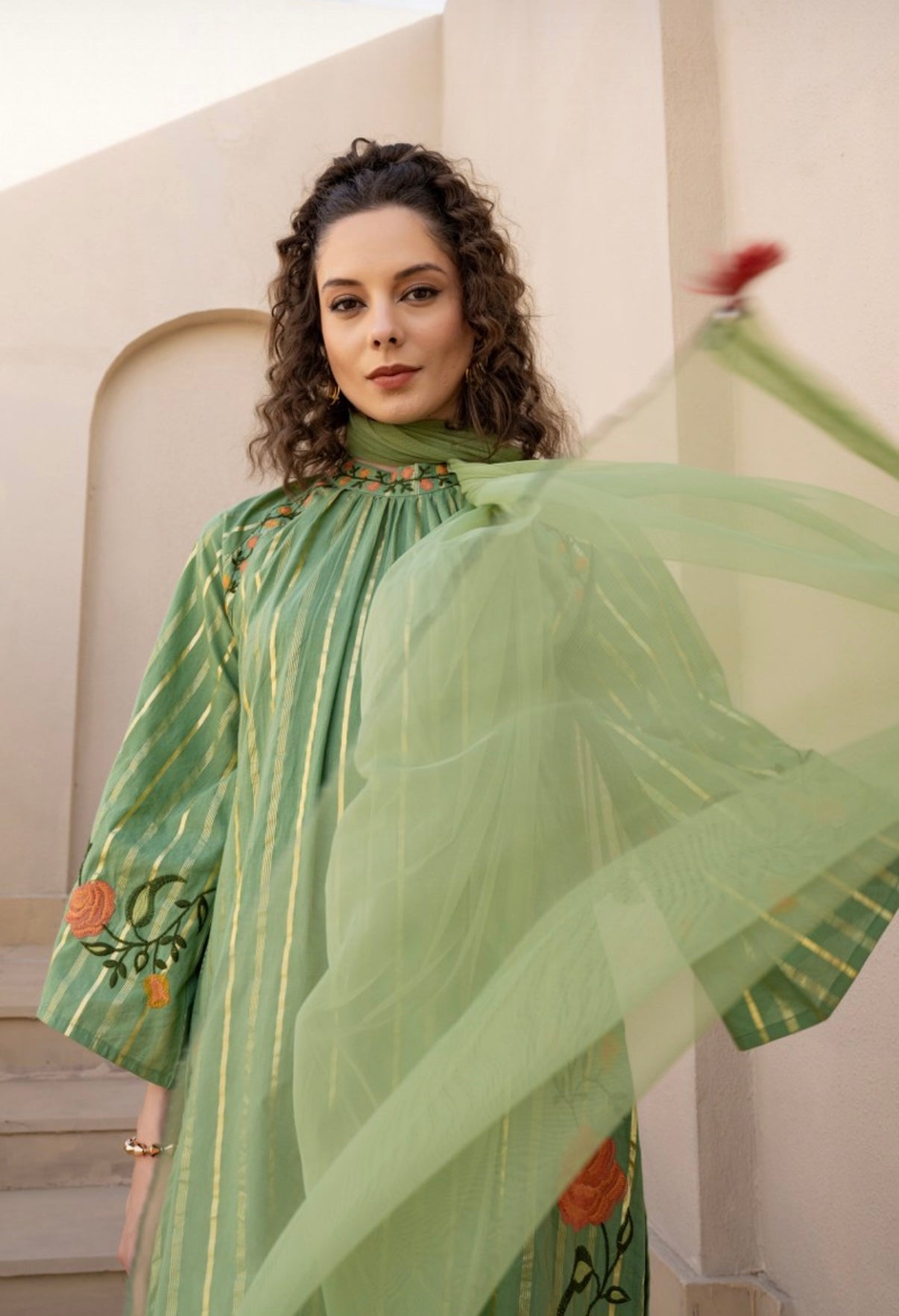 LAVANYA GREEN COTTON FLORAL EMBROIDERED SUIT SET