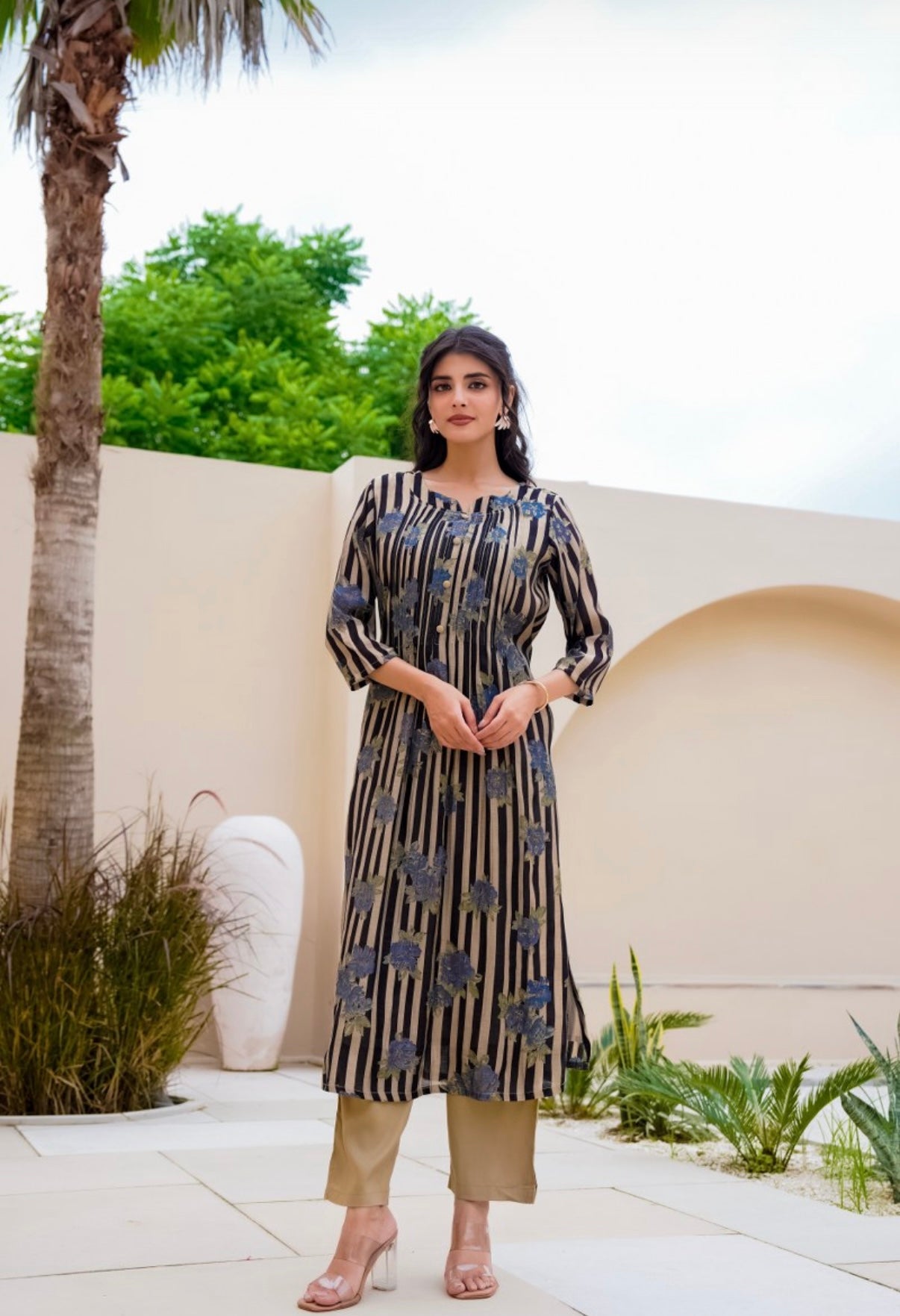 Midnight Stripe Bloom Cotton Kurta Set