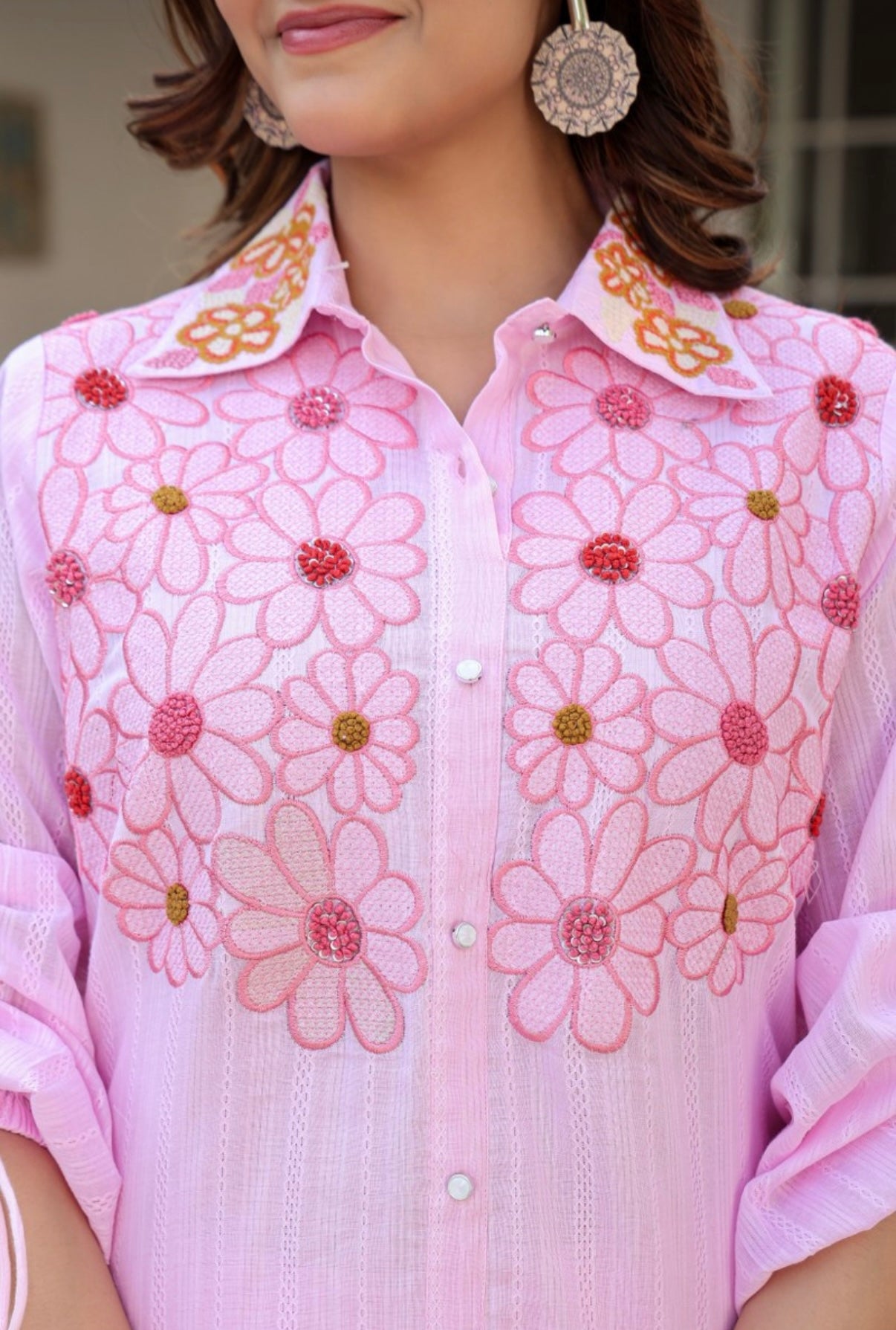 Pastel Pink Bloom Embroidered Cotton Coord Set