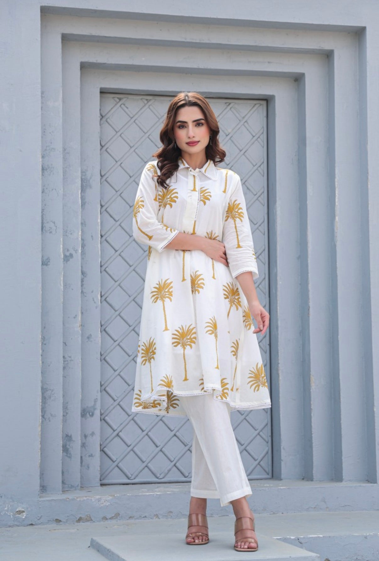 WOMEN’S YELLOW FLORAL PRINTED COTTON A-LINE KURTA SET