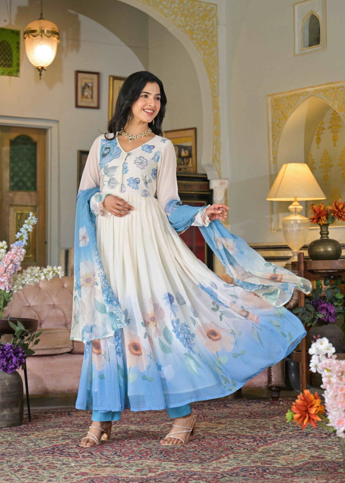 Blooming Breeze Embroidered Anarkali Suit Set