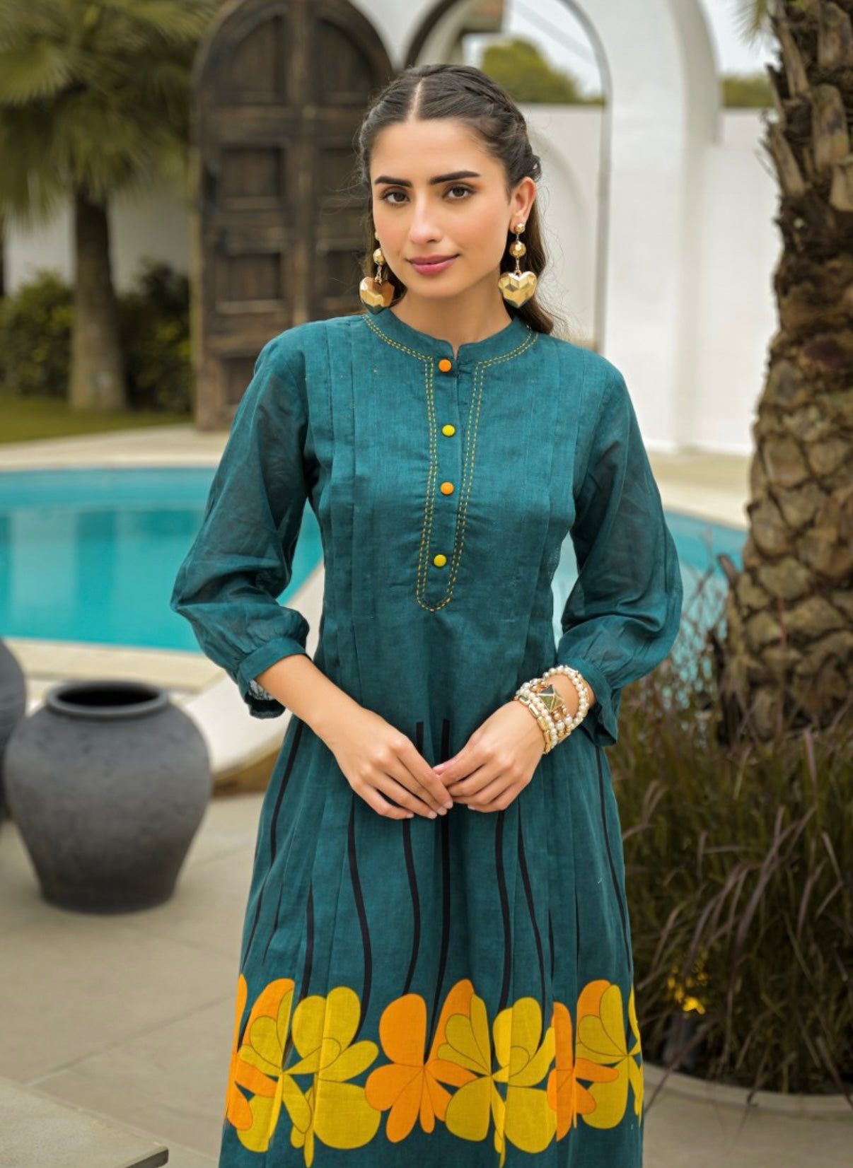Teal Marigold Modern Cotton Kurta Set