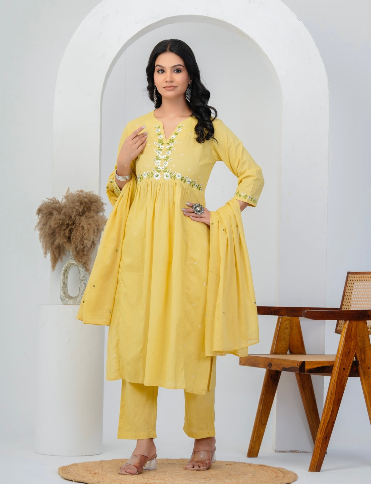 Sunlit Bloom Embroidered Cotton Kurta Set