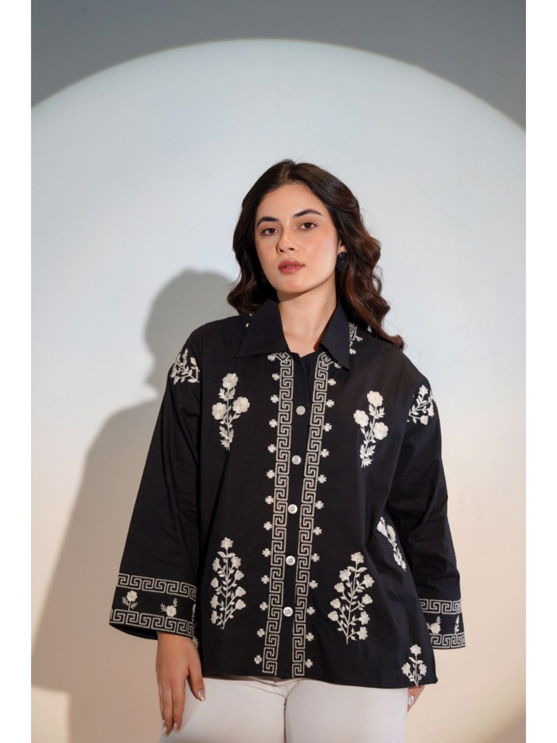 ELEGANT ABSTRACT EMBROIDERED COTTON BLACK SHIRT