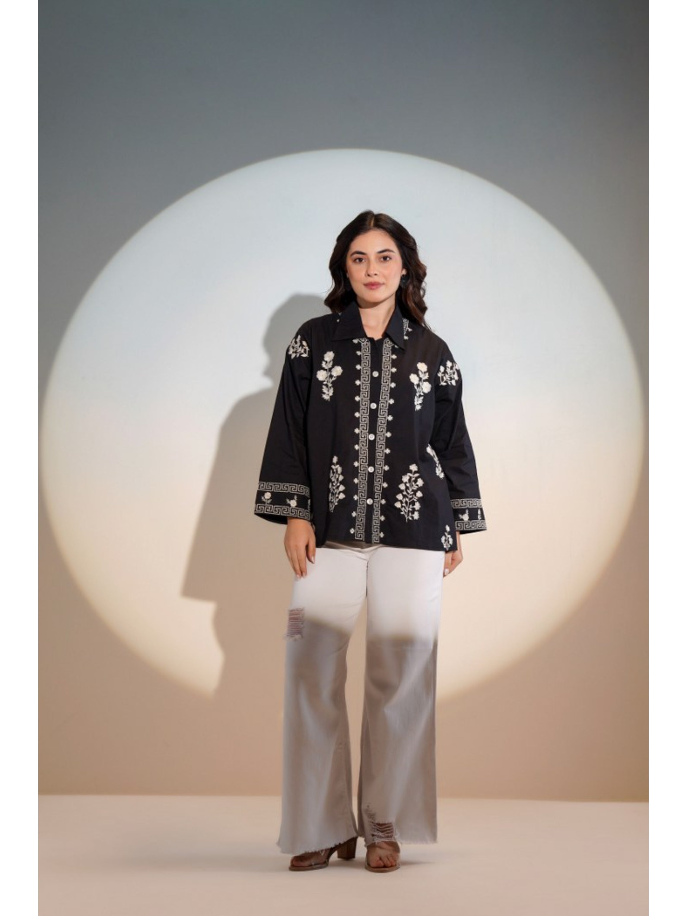 ELEGANT ABSTRACT EMBROIDERED COTTON BLACK SHIRT