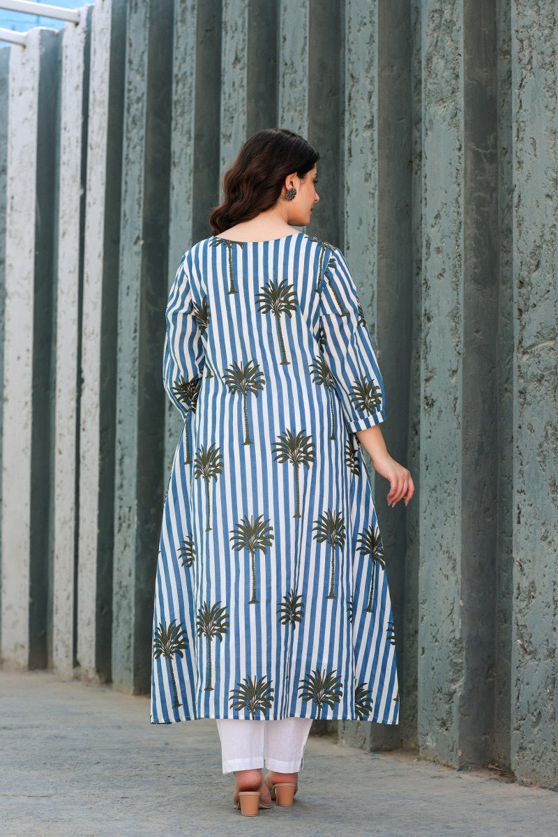 Tropical Floral Blue Cotton Kurta Set