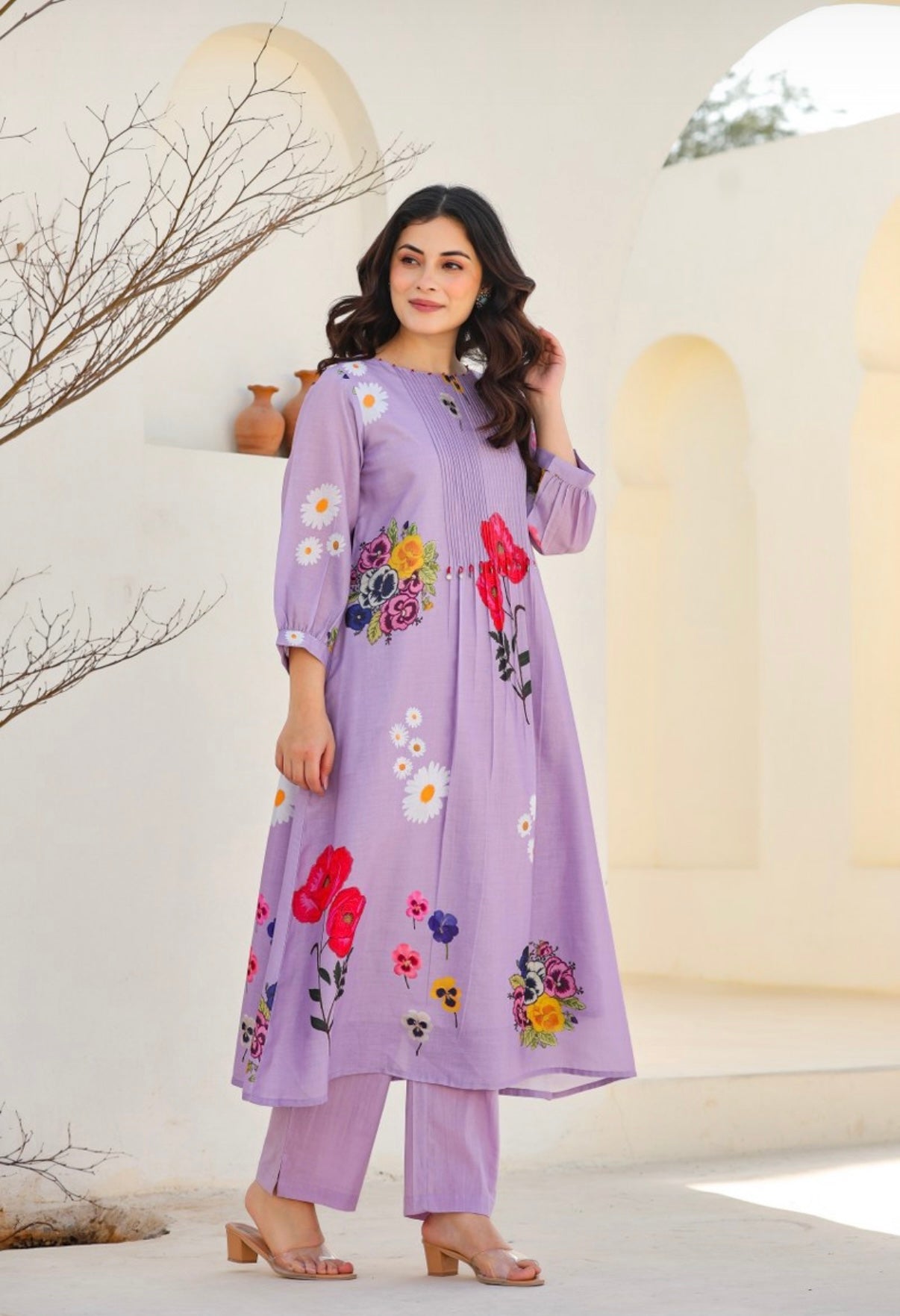 Floral Lavender Bloom Cotton Kurta Set Summer Ethnic Wear