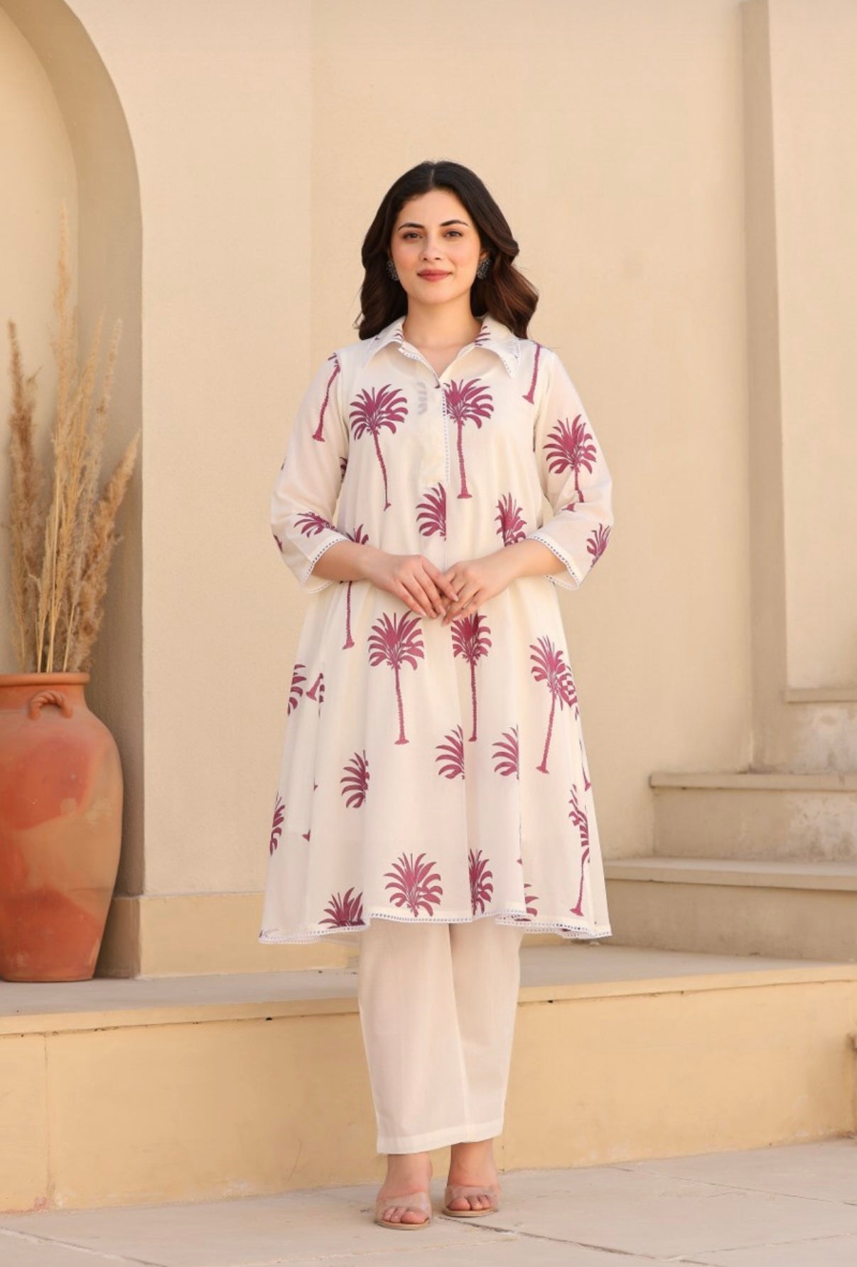 WOMEN’S PINK FLORAL PRINTED COTTON A-LINE KURTA SET