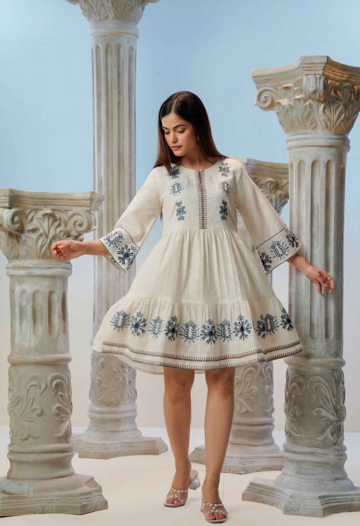 Neelika Ivory Flared Cotton Dress