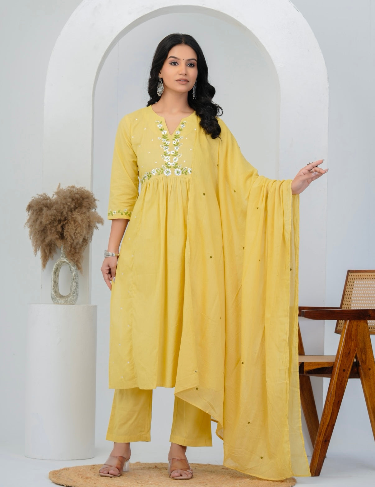 Sunlit Bloom Embroidered Cotton Kurta Set