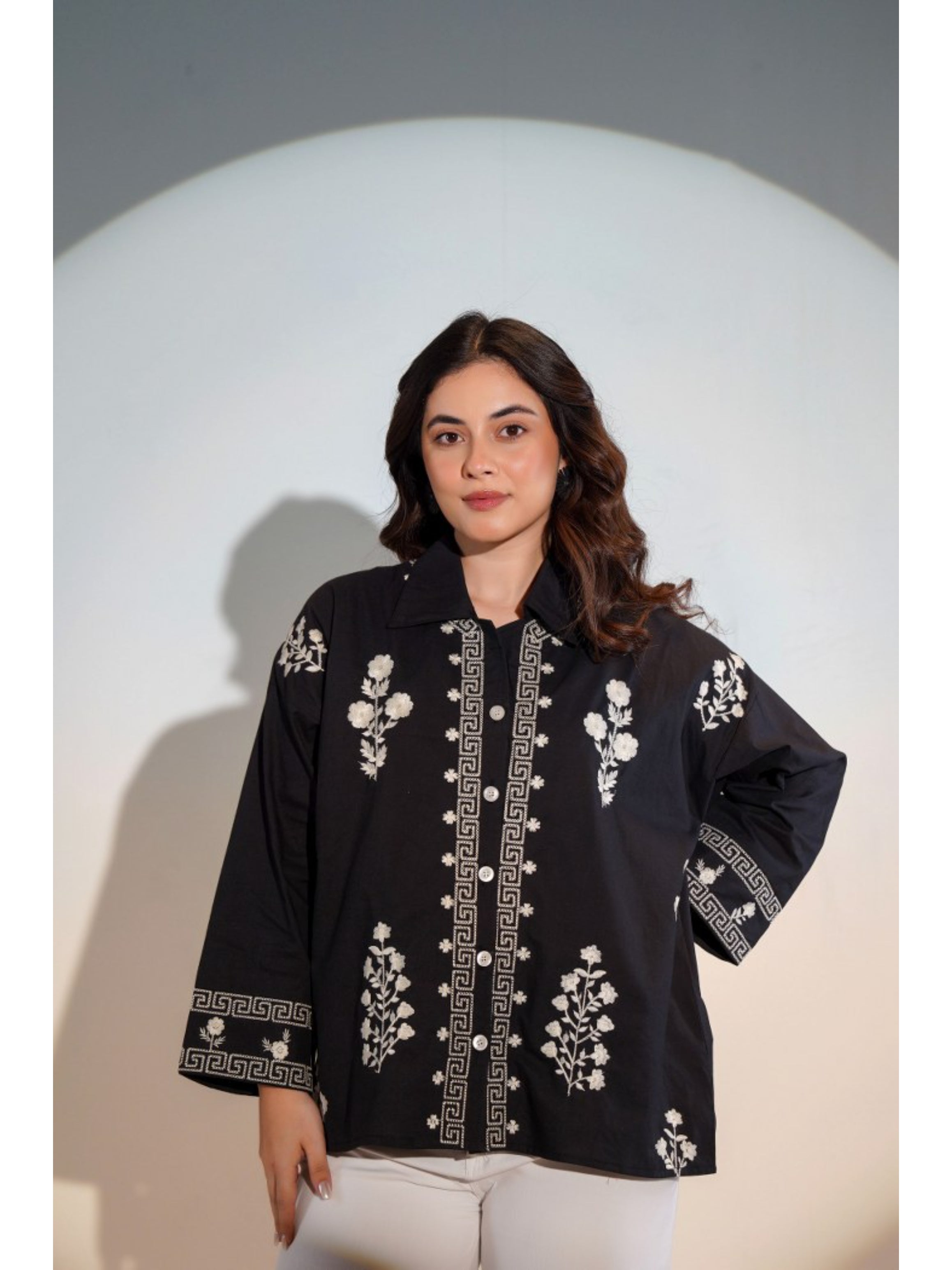 ELEGANT ABSTRACT EMBROIDERED COTTON BLACK SHIRT