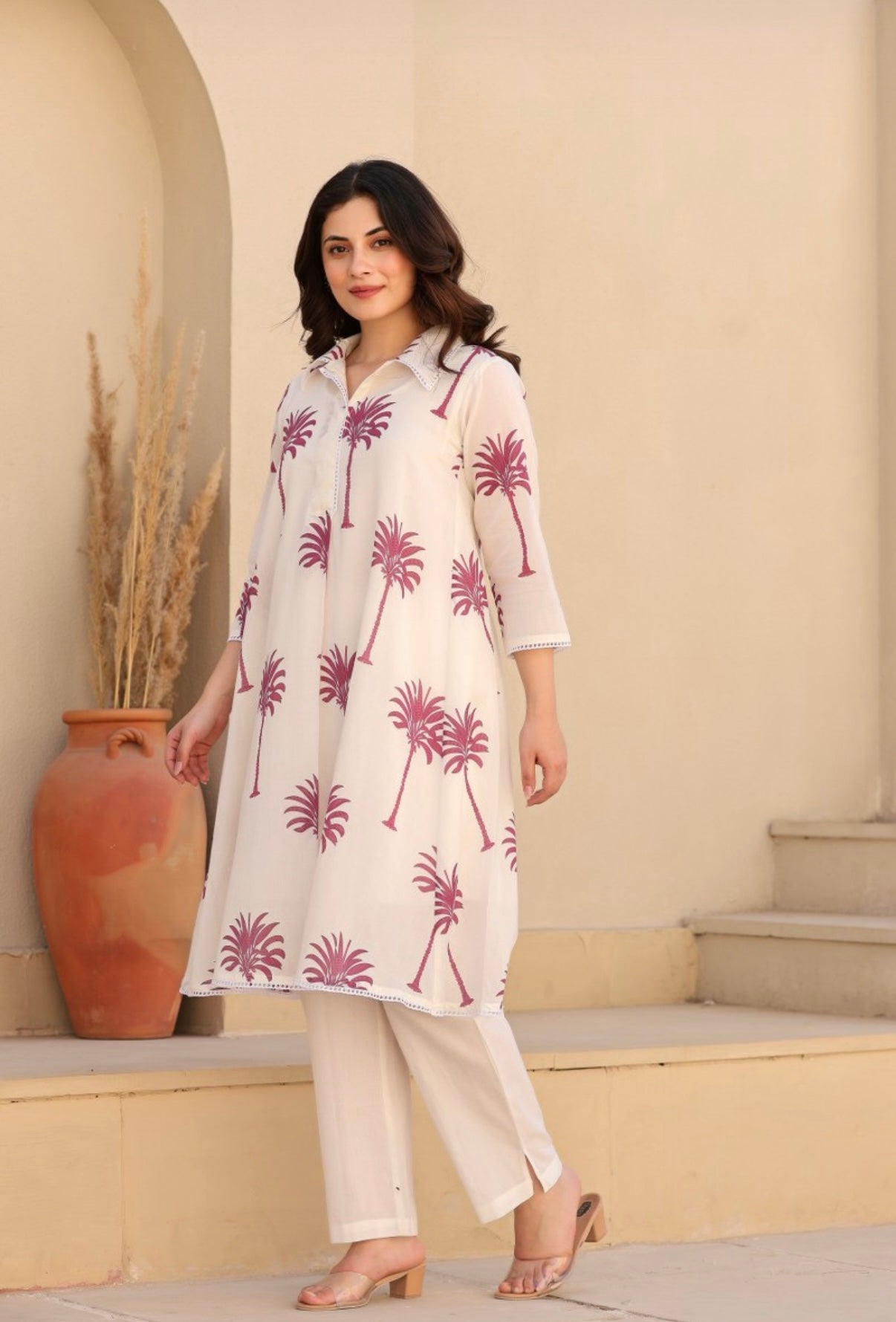 WOMEN’S PINK FLORAL PRINTED COTTON A-LINE KURTA SET