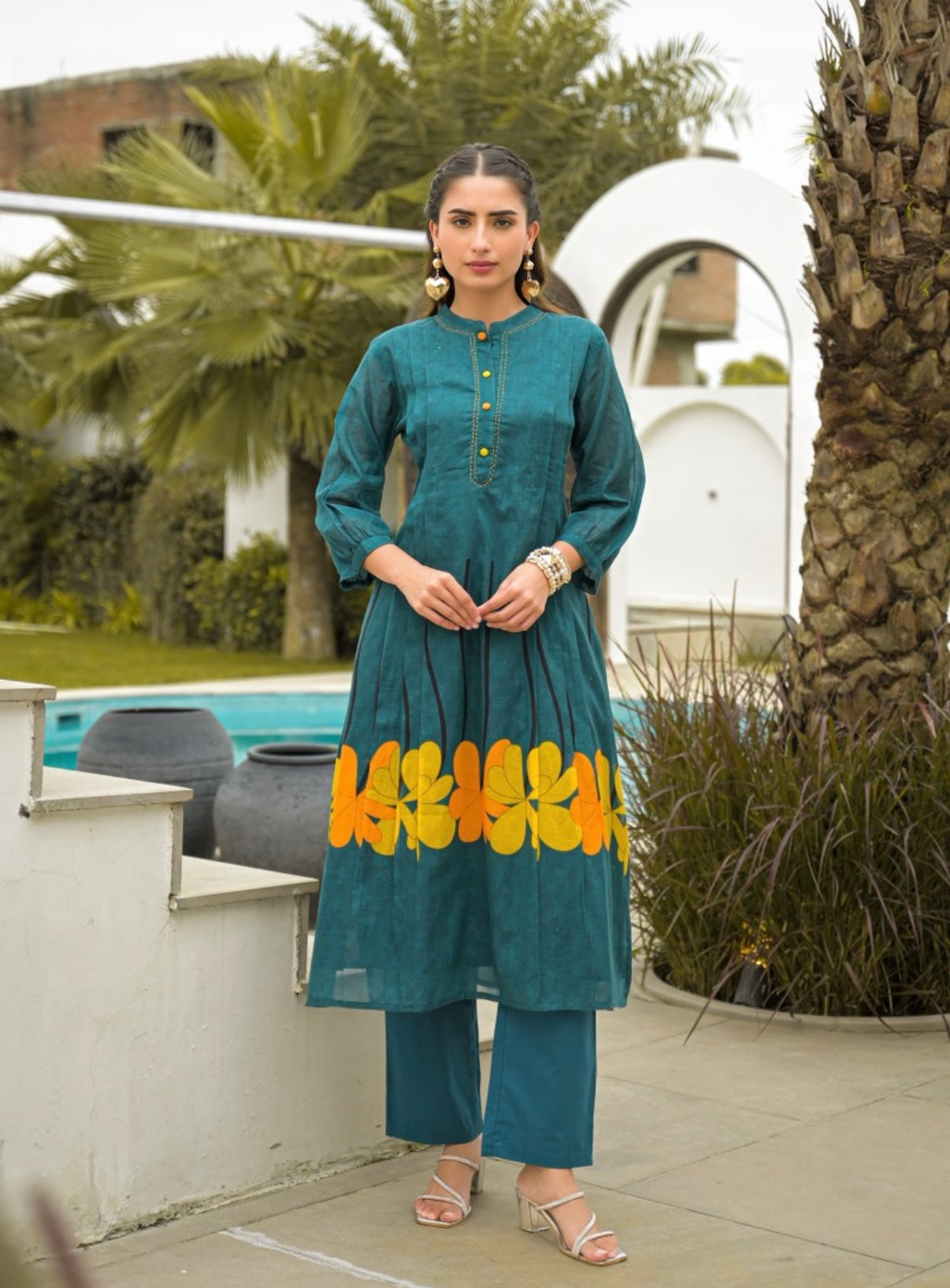 Teal Marigold Modern Cotton Kurta Set
