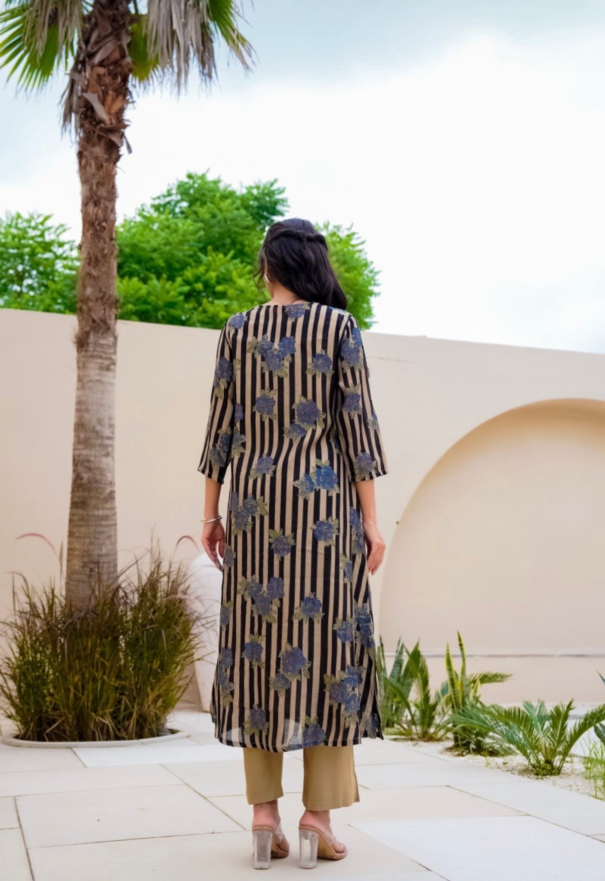 Midnight Stripe Bloom Cotton Kurta Set