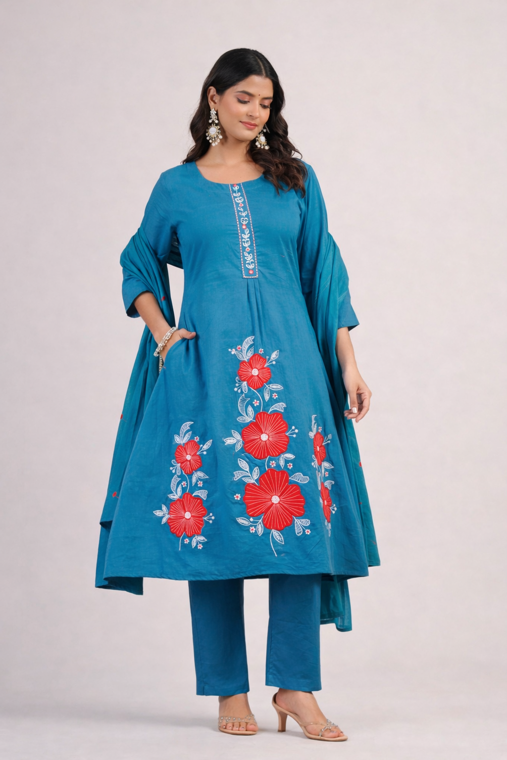 Ocean Grace Embroidered Cotton Kurta Set with Dupatta
