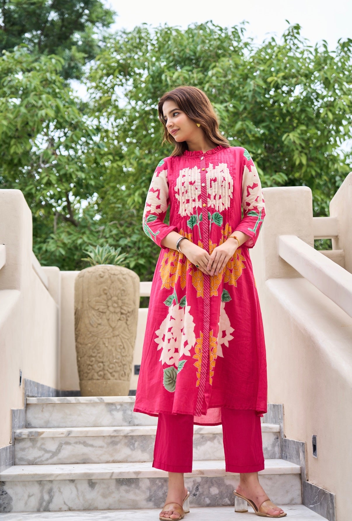 Rose Pink Bloom Mul Cotton Kurta Set