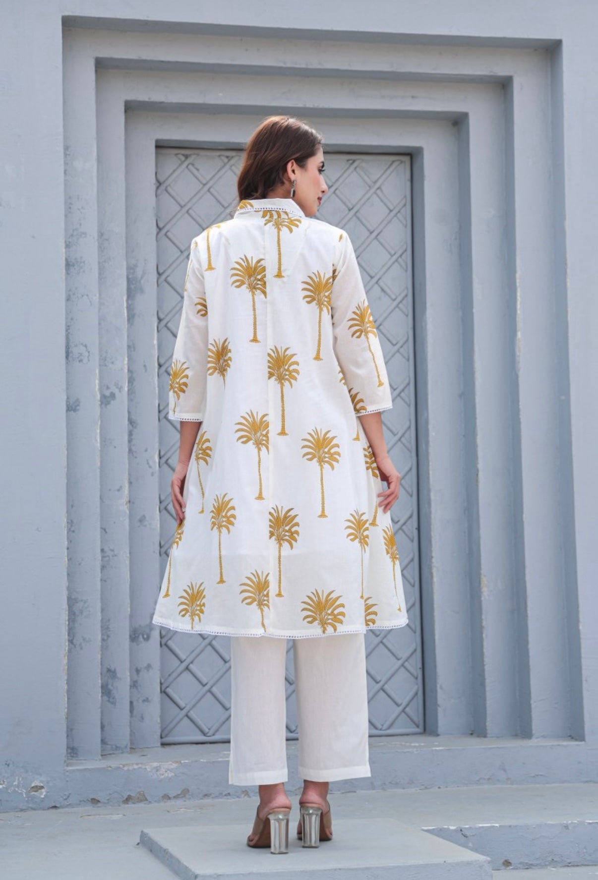 WOMEN’S YELLOW FLORAL PRINTED COTTON A-LINE KURTA SET