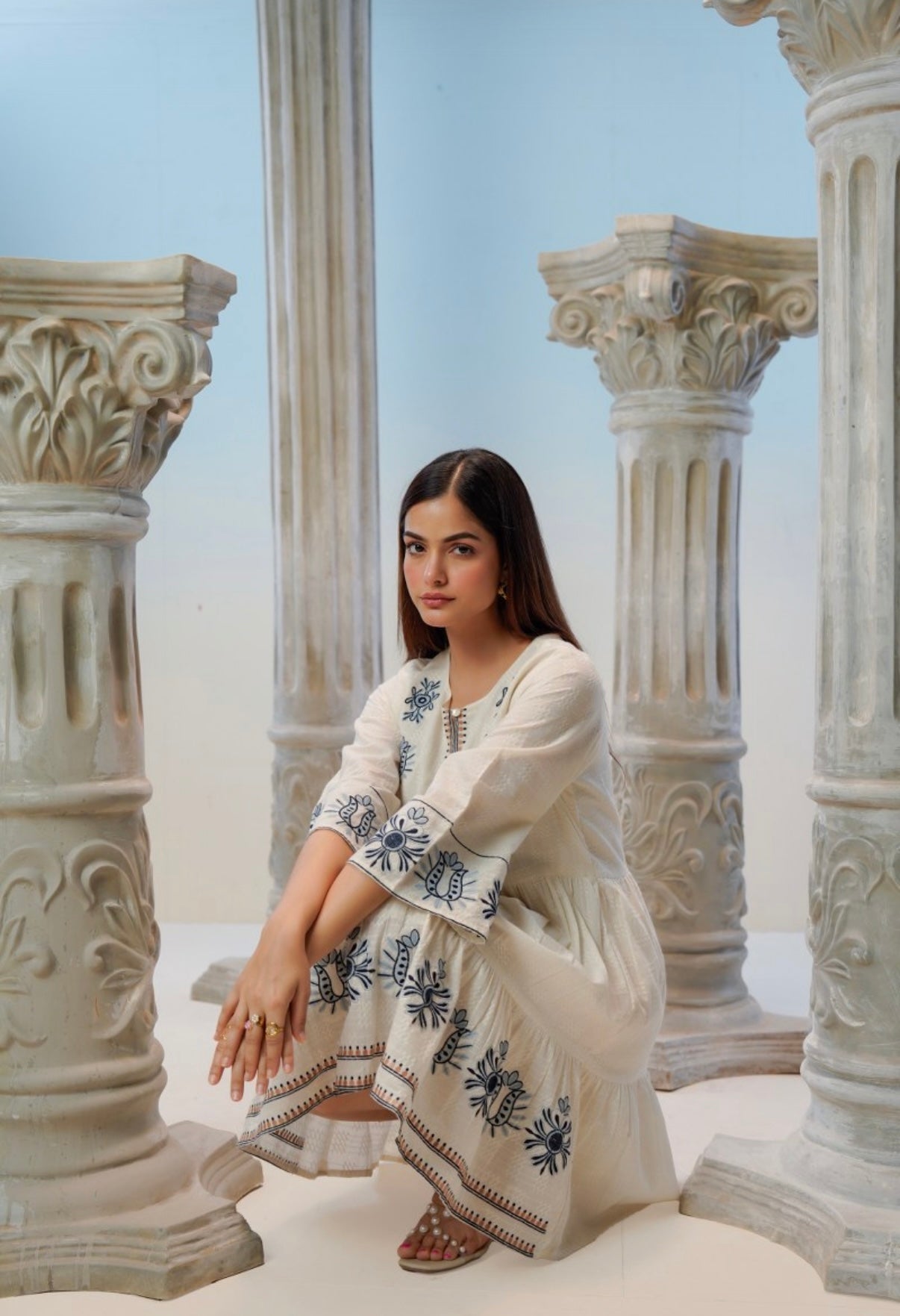 Neelika Ivory Flared Cotton Dress