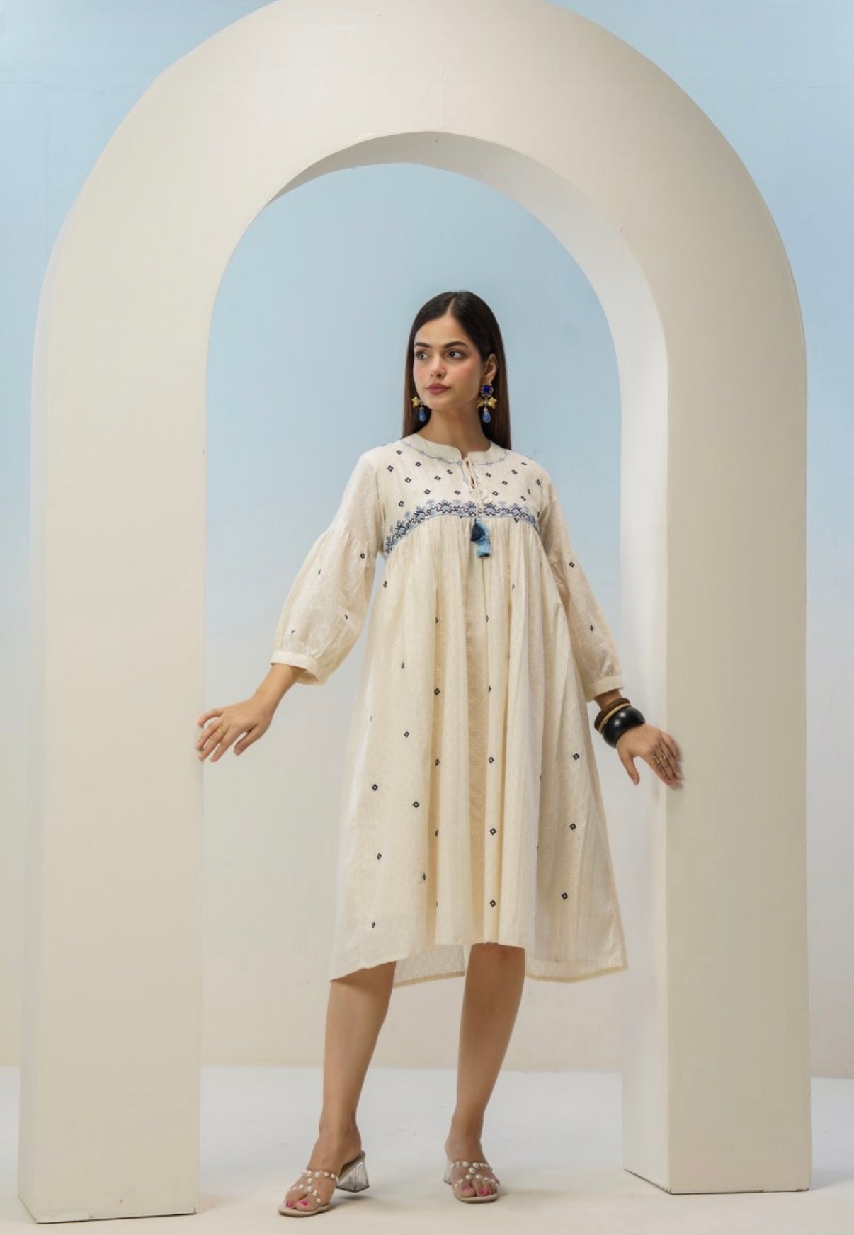 Saanjh Ivory Embroidered Cotton Dress