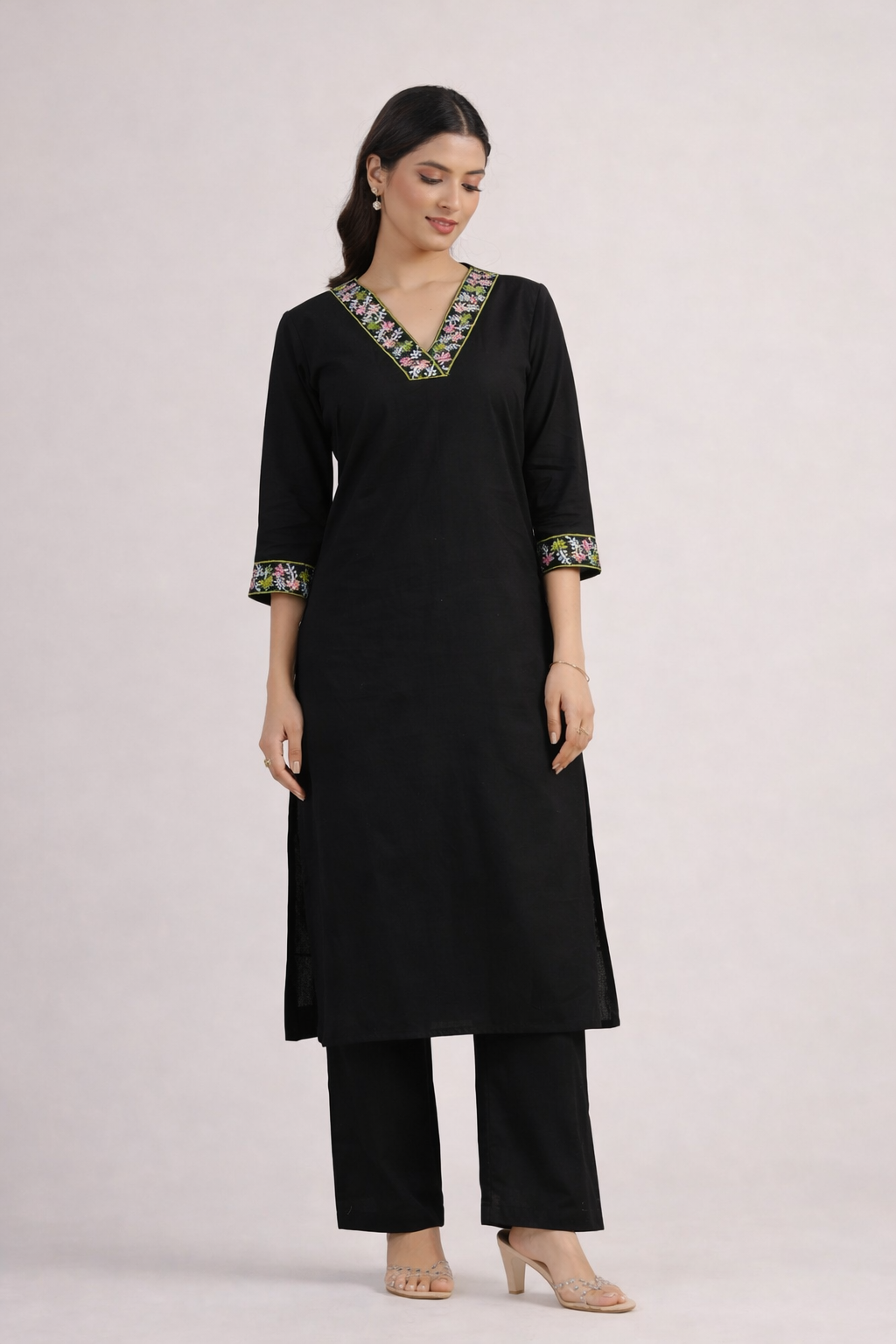 Urban Bloom Black Cotton Embroidered Kurta Set