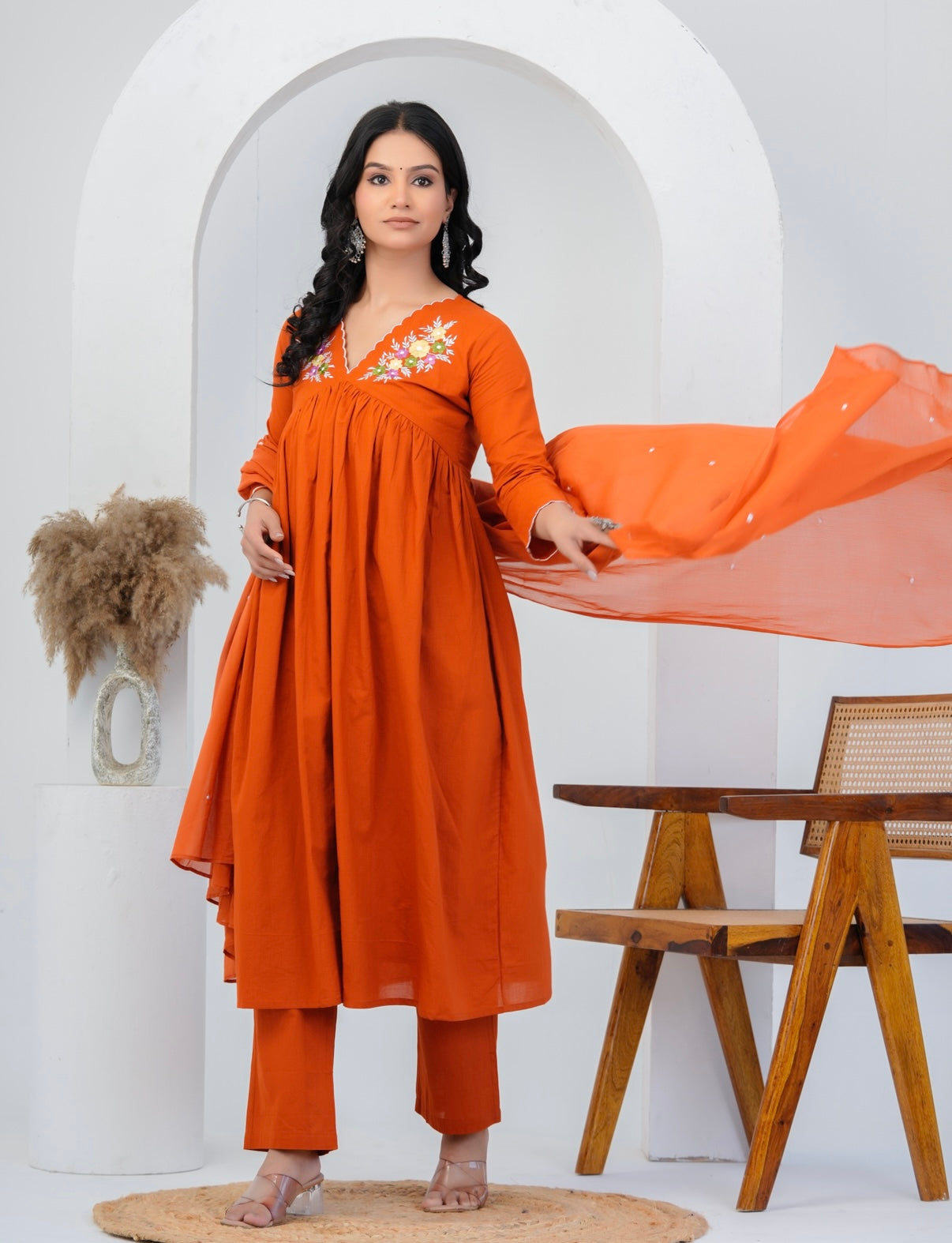 Amber Bloom Embroidered Cotton Kurta Set