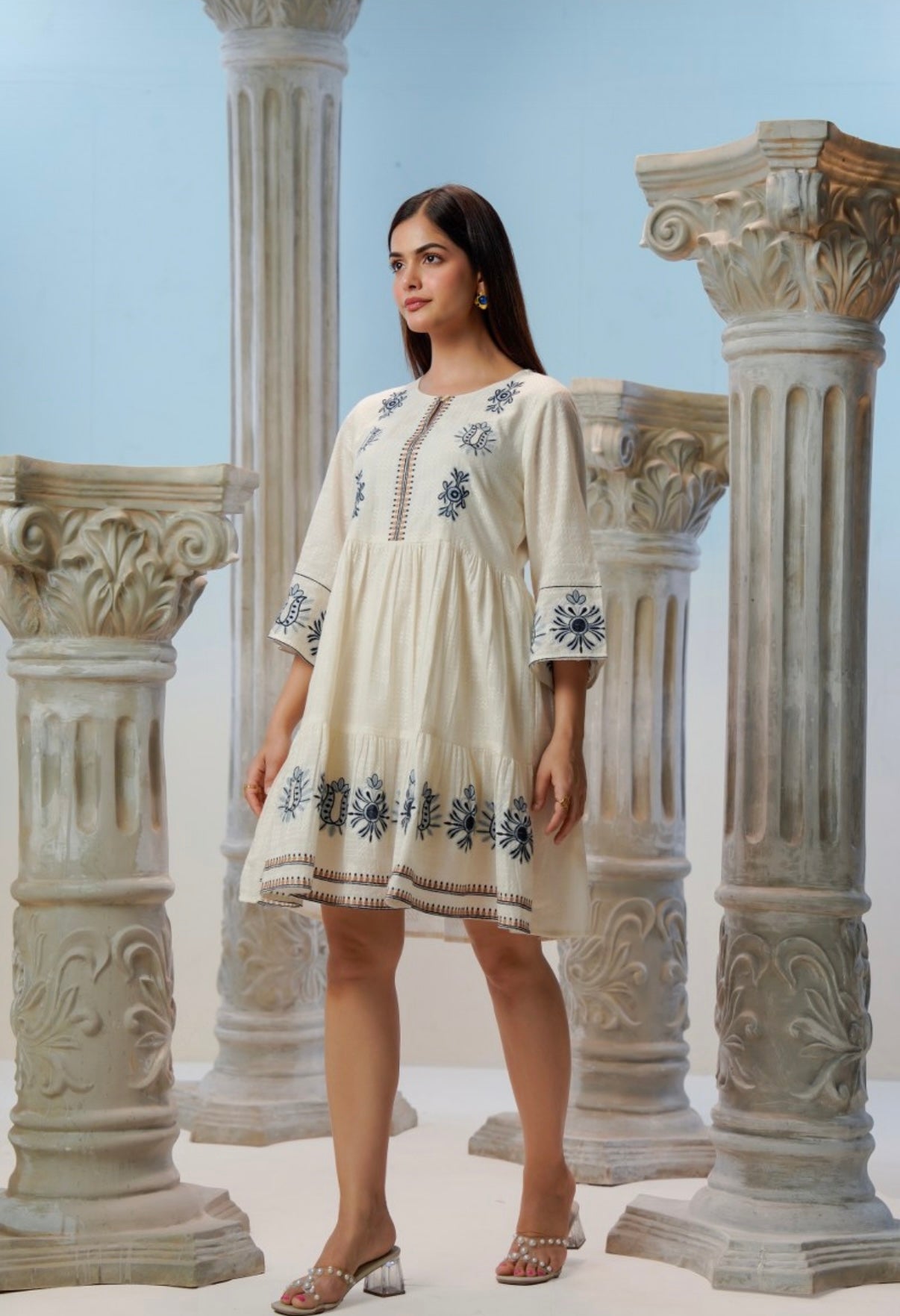 Neelika Ivory Flared Cotton Dress
