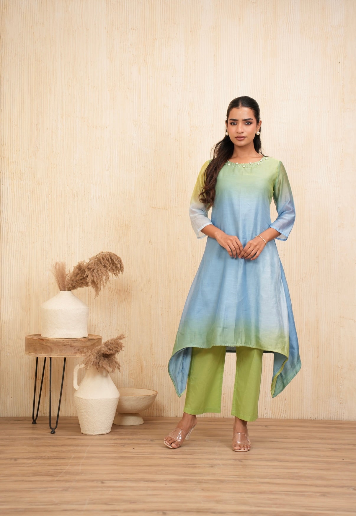 Ocean Mist Mal Chanderi Embroidered Kurta Set