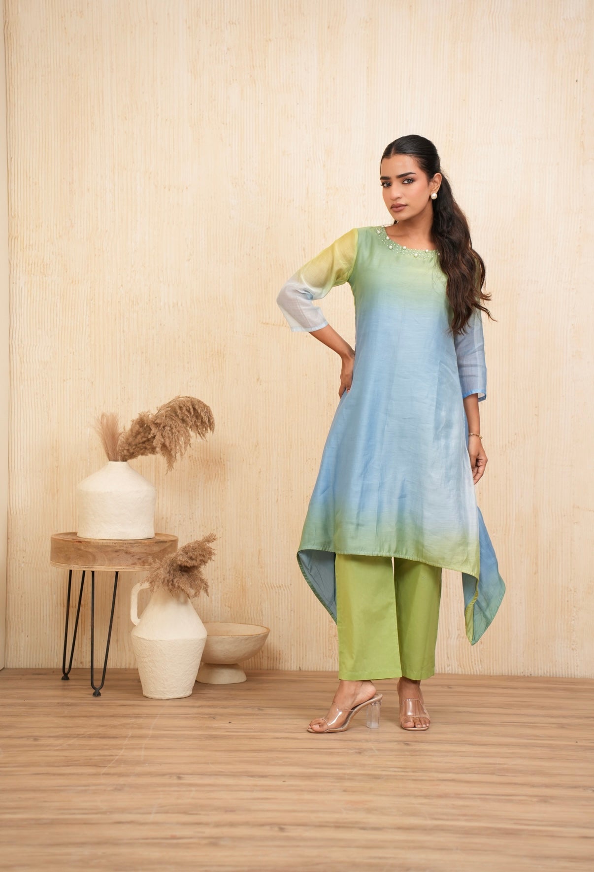 Ocean Mist Mal Chanderi Embroidered Kurta Set