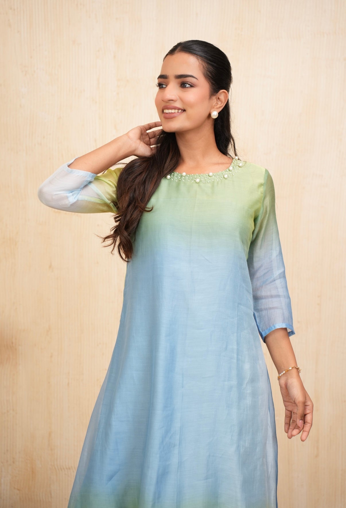 Ocean Mist Mal Chanderi Embroidered Kurta Set