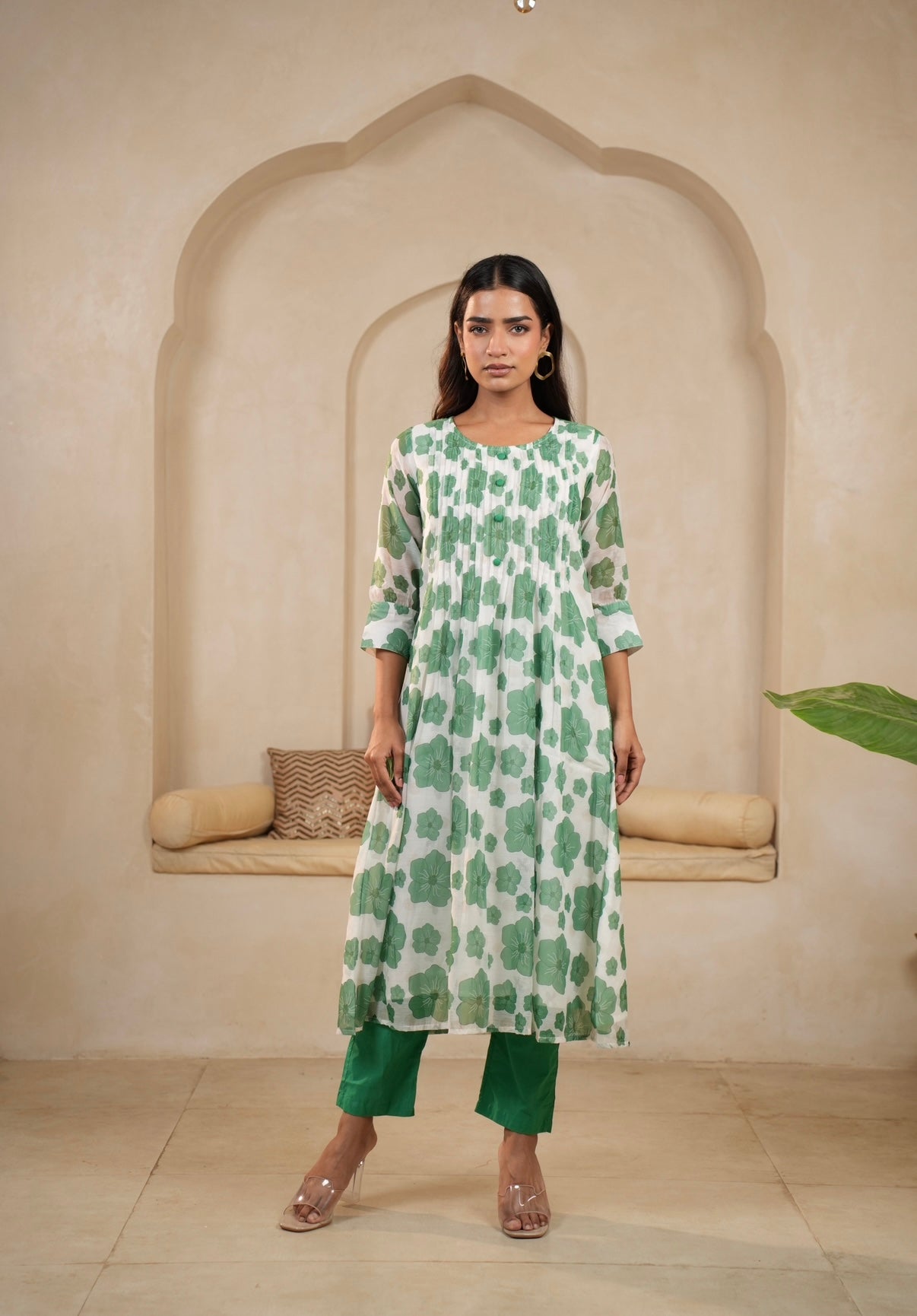 Green Petal Charm Mal Chanderi Kurta Set
