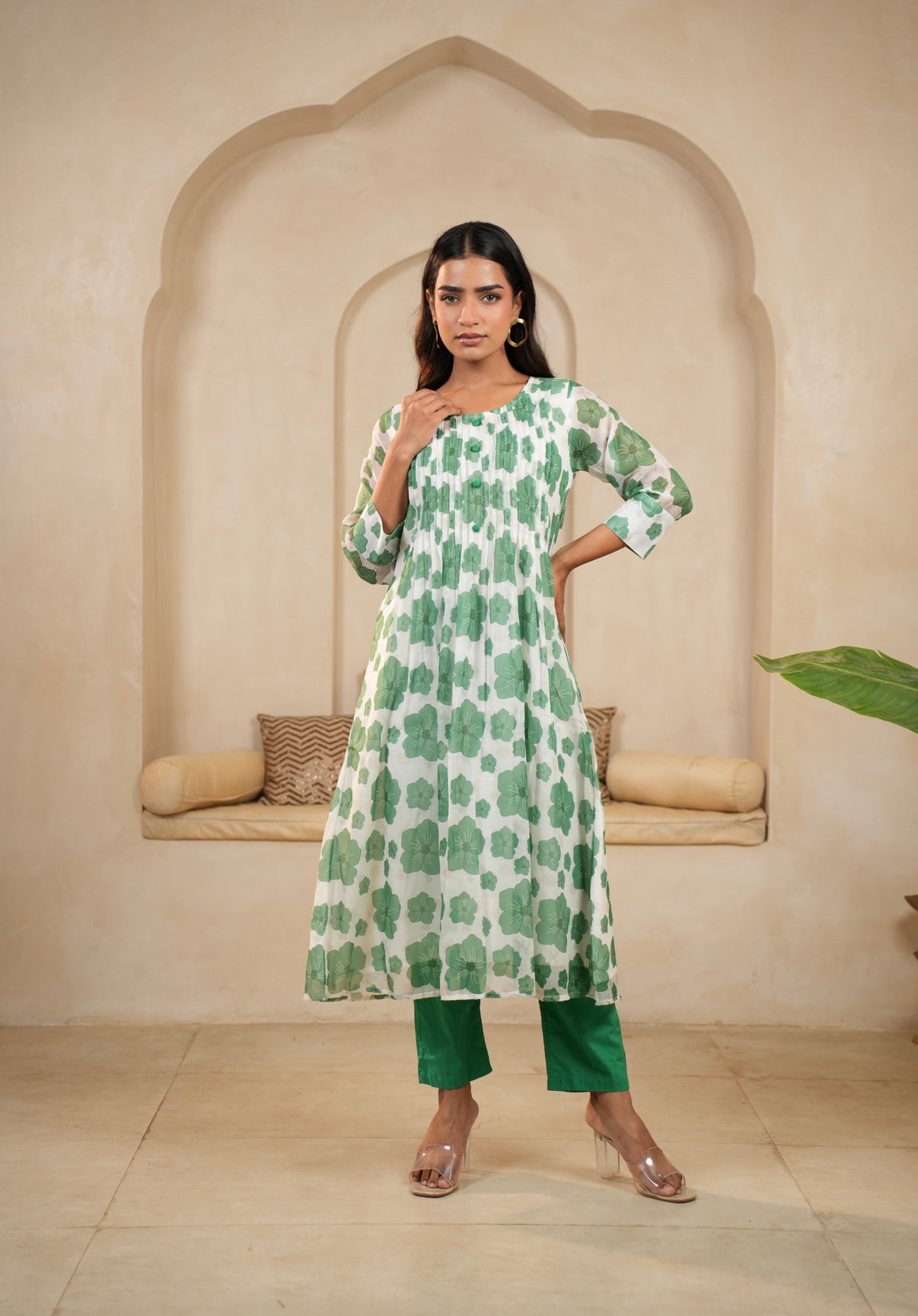 Green Petal Charm Mal Chanderi Kurta Set