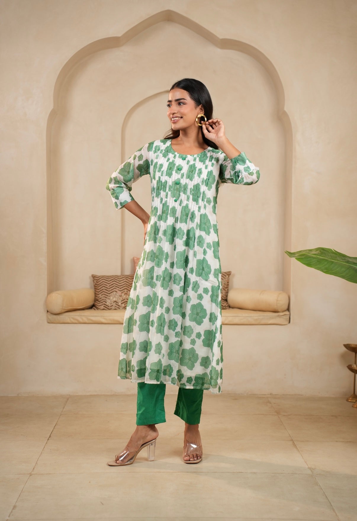 Green Petal Charm Mal Chanderi Kurta Set