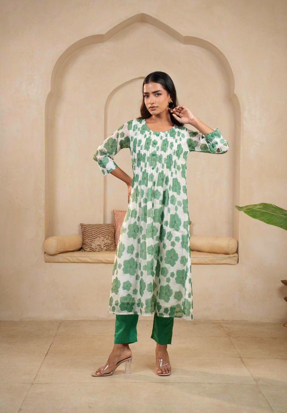 Green Petal Charm Mal Chanderi Kurta Set