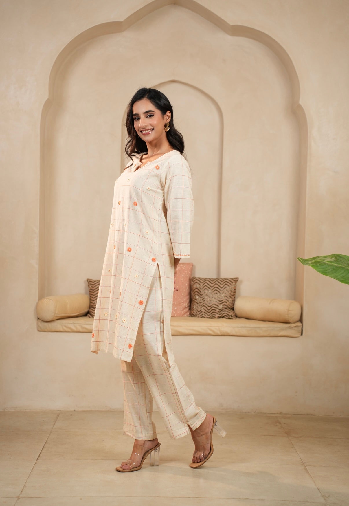 Cream Blossom Hand-Embroidered Cotton Co-ord Set