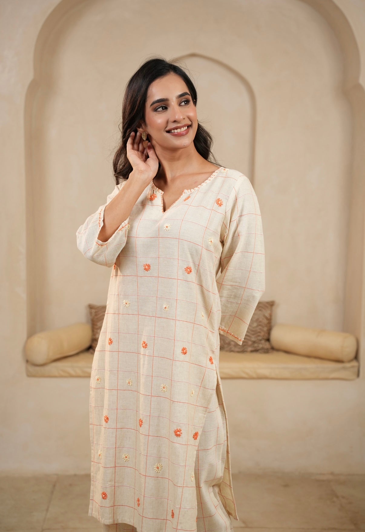 Cream Blossom Hand-Embroidered Cotton Co-ord Set