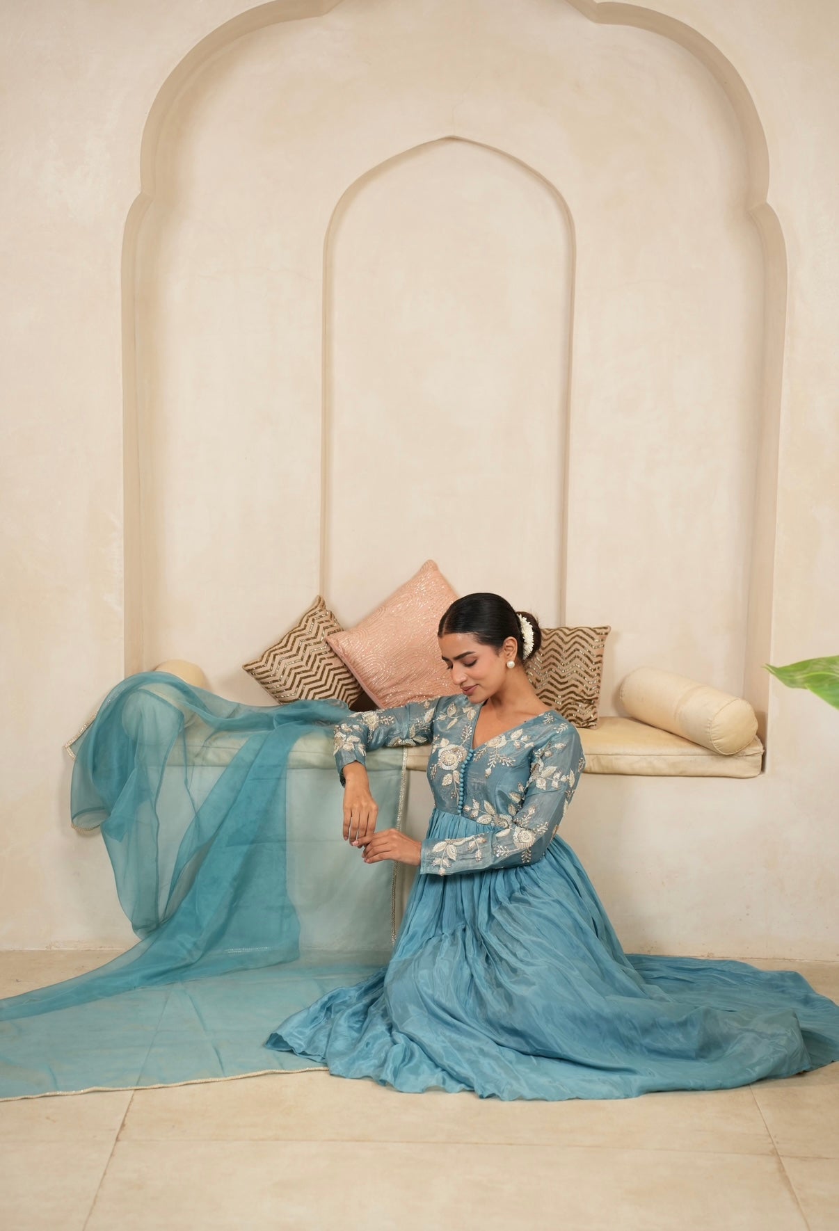 Teal Bloom Embroidered Anarkali Set