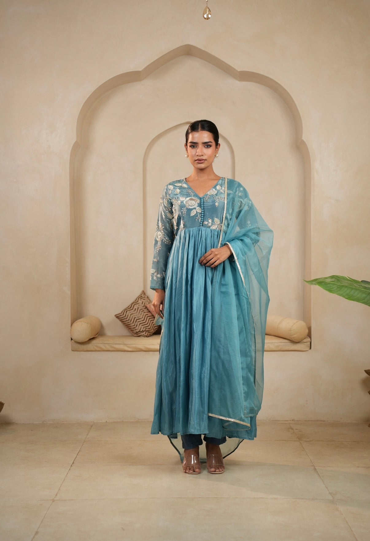 Teal Bloom Embroidered Anarkali Set