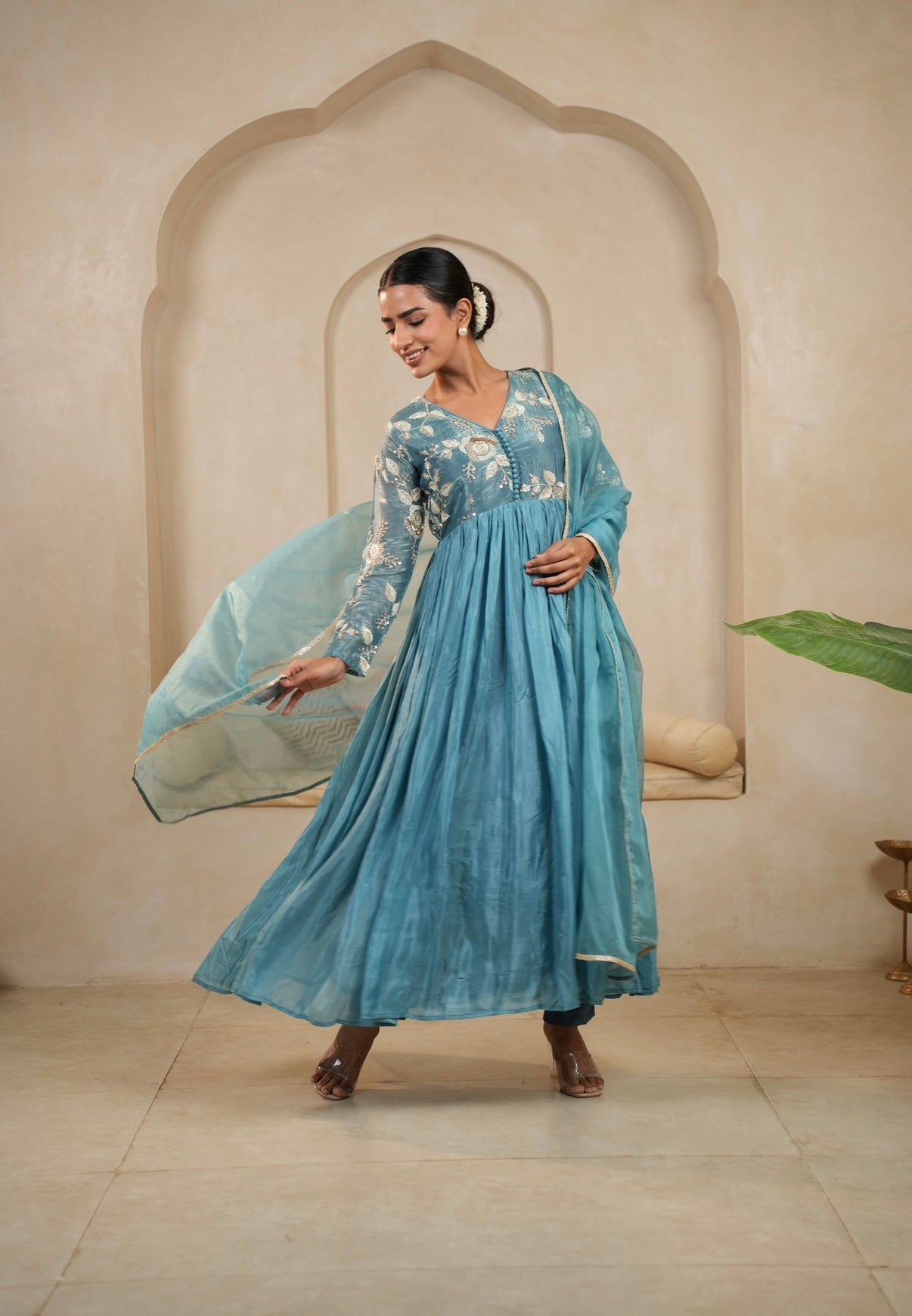 Teal Bloom Embroidered Anarkali Set