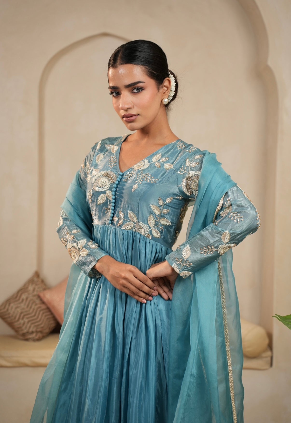 Teal Bloom Embroidered Anarkali Set